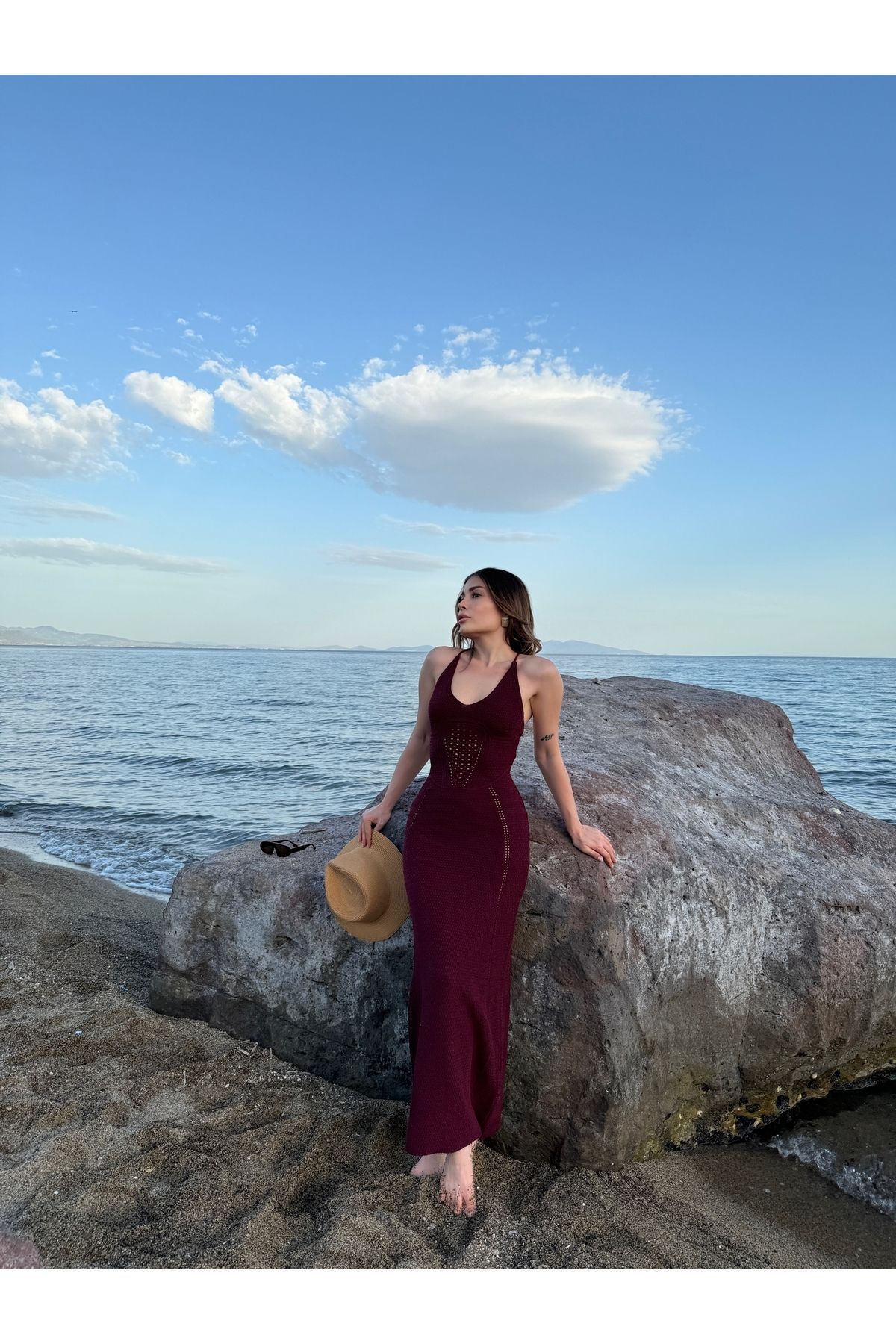 HW Hills Woman Kadın bordo sırt bağlamalı triko örgü elbise