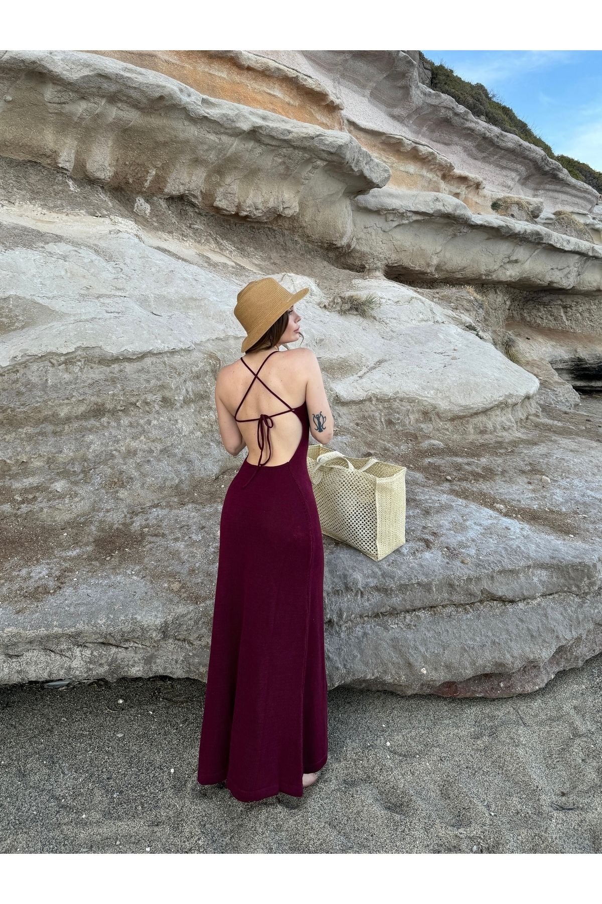 HW Hills Woman Kadın Bordo sırt dekolteli triko elbise