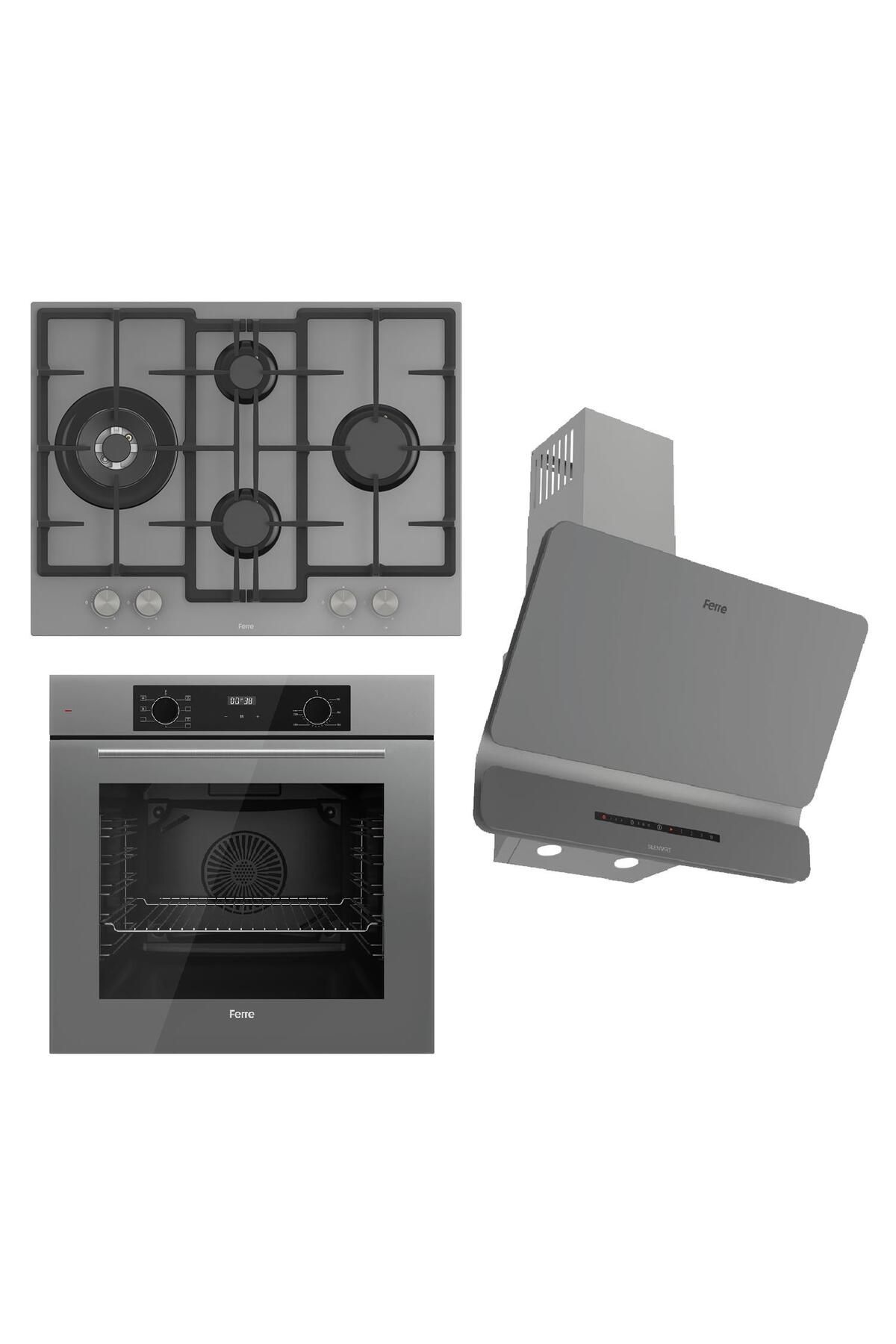 Ferre FLOWART-SILENTART Serisi Gri Set (ED078 + QBL63CPR +D082-SA ) - Döküm Izgara / 67 cm Ocak