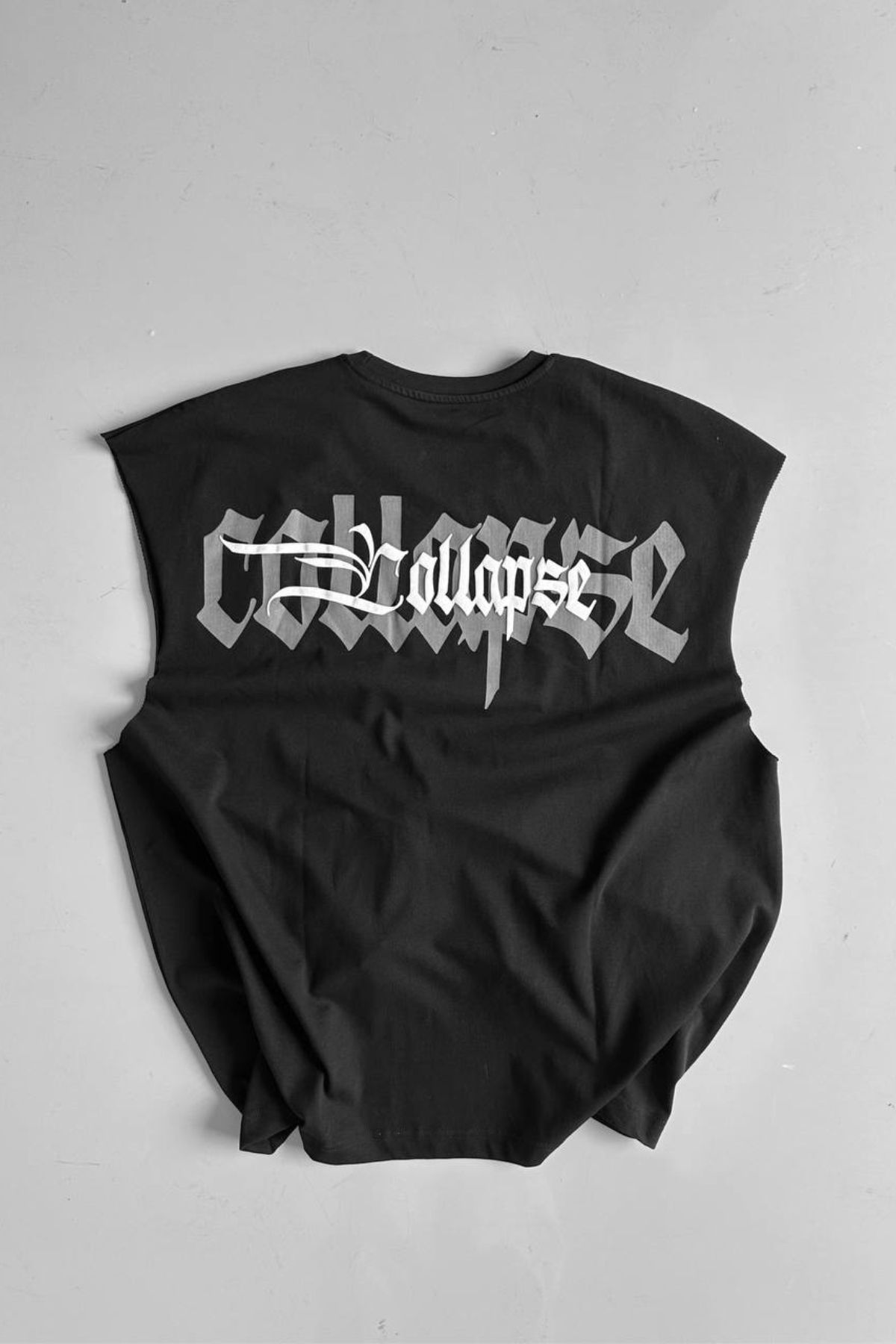 Chirkef Unisex Siyah Oversize 100% Pamuk Sıfır Kol Baskılı Bisiklet Yaka Sokak Stili Atlet T-Shirt CH A.