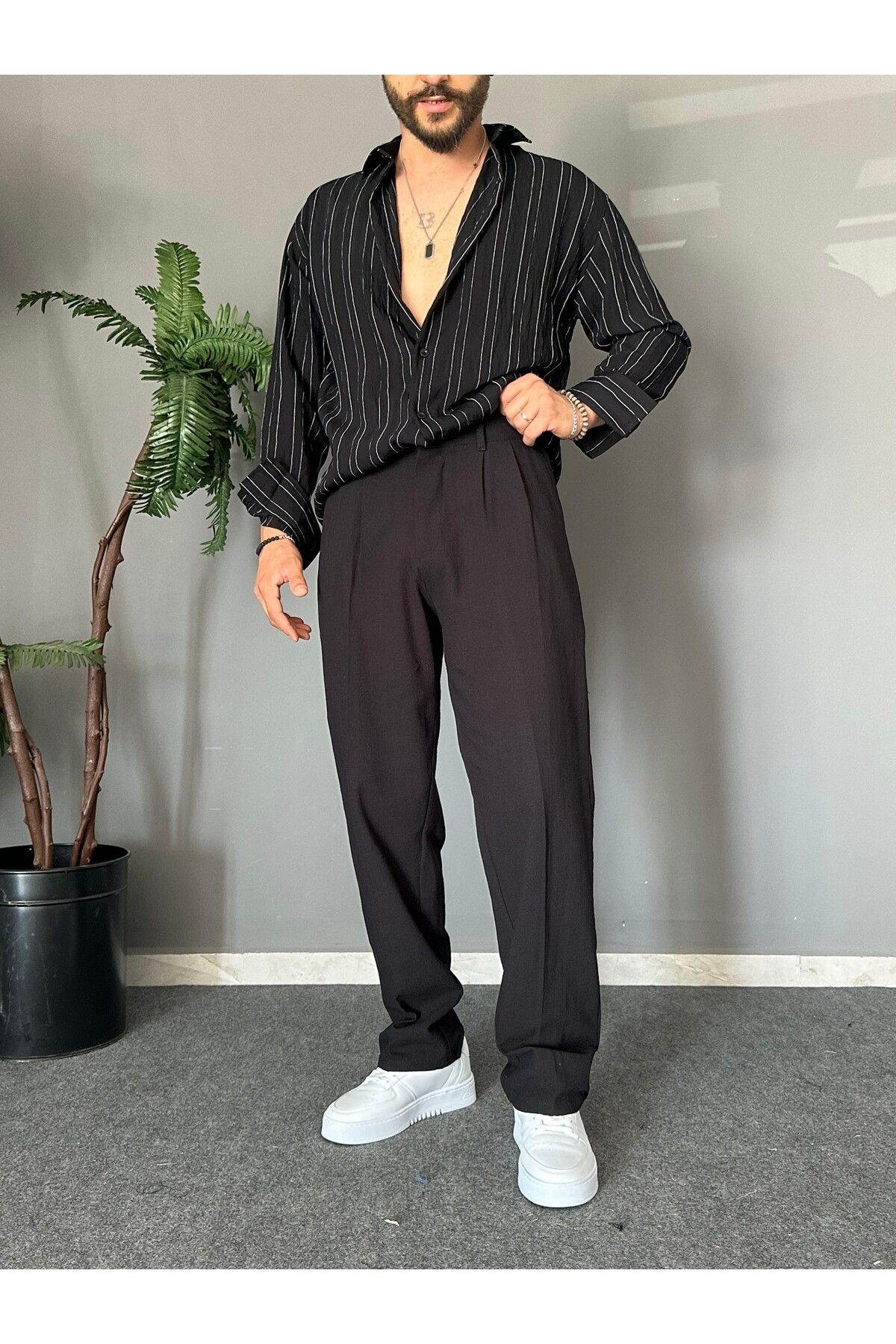 THEMANN Yüksek Bel Keten Kumaş Siyah Baggy Pantolon
