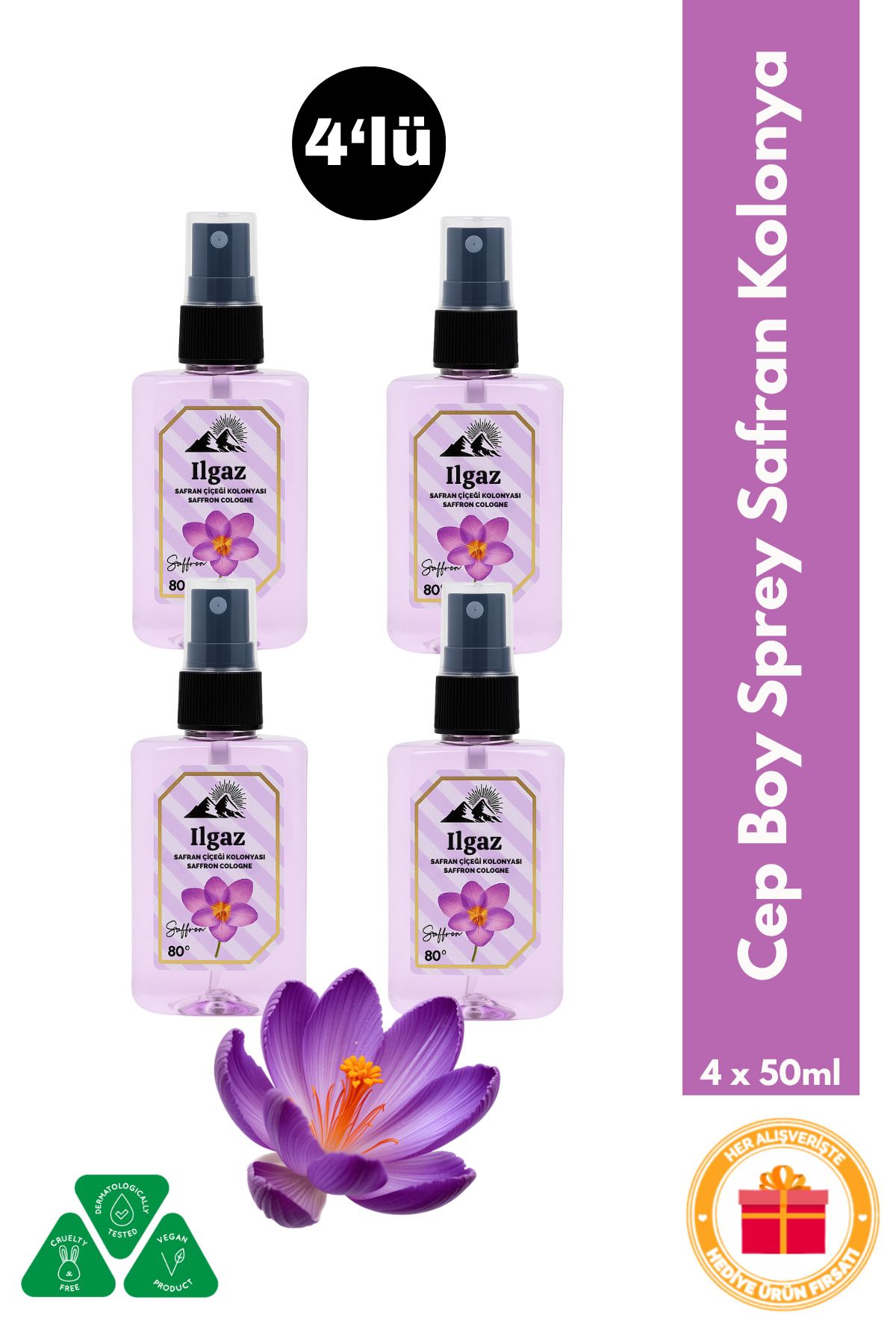 ILGAZ Safran Çiçeği Sprey Kolonya Cep Boy Elegance Series 4'lü Eko Paket - 4x50 ml