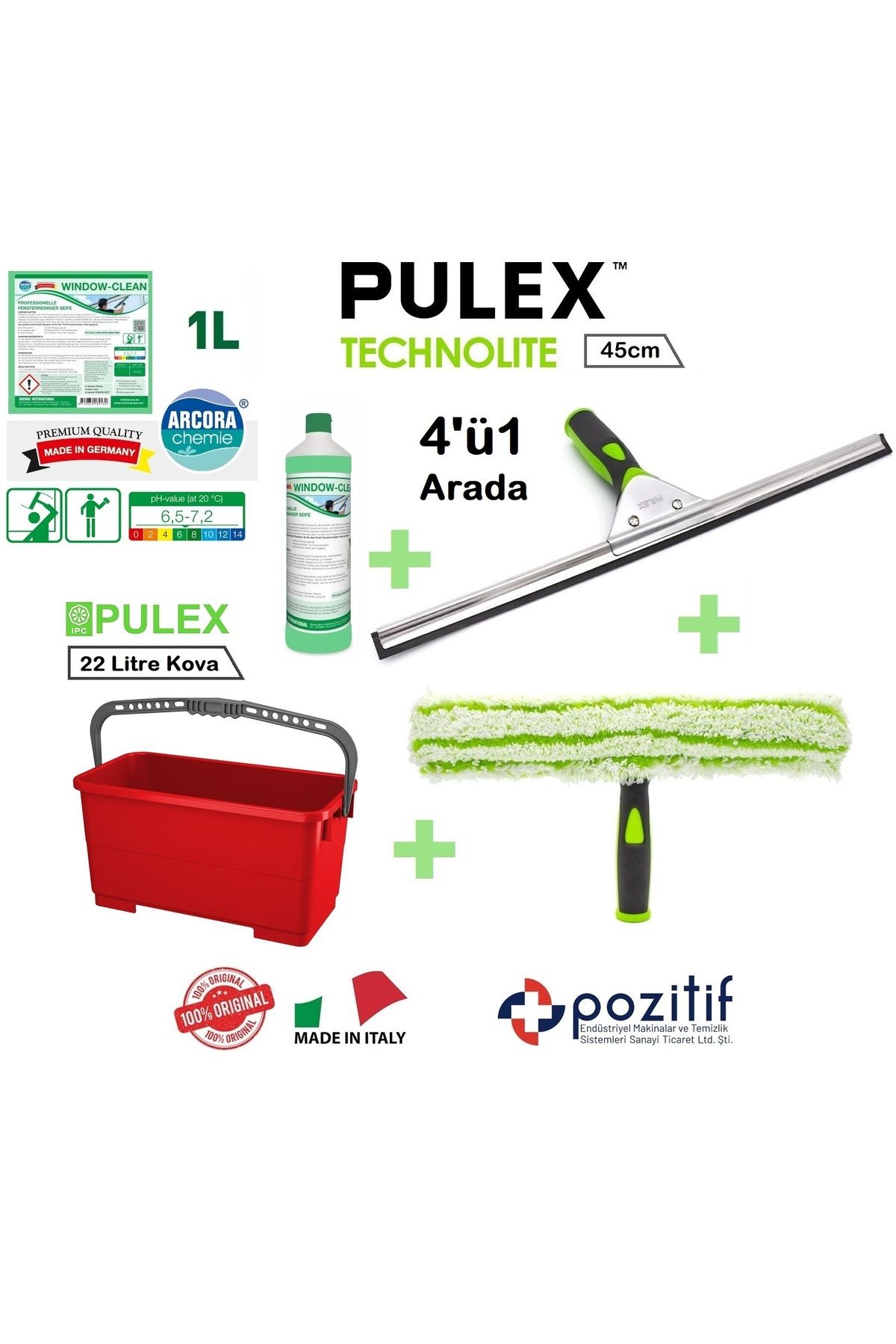 pulex Profesyonel Ev ve İş yeri Cam Tem. Seti - 45cm Technolite Camçek + Peluş + Kova + Özel Cam Deterjanı
