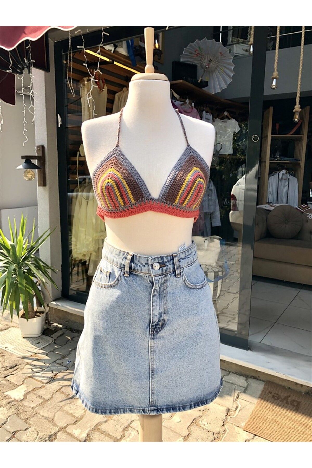 Gözde Tasarım Butik KADIN EL YAPIMI TURUNCU KAHVERENGİ RENK BLOKLU TIĞİŞİ ÖRGÜ BİKİNİ BÜSTİYER BRALET