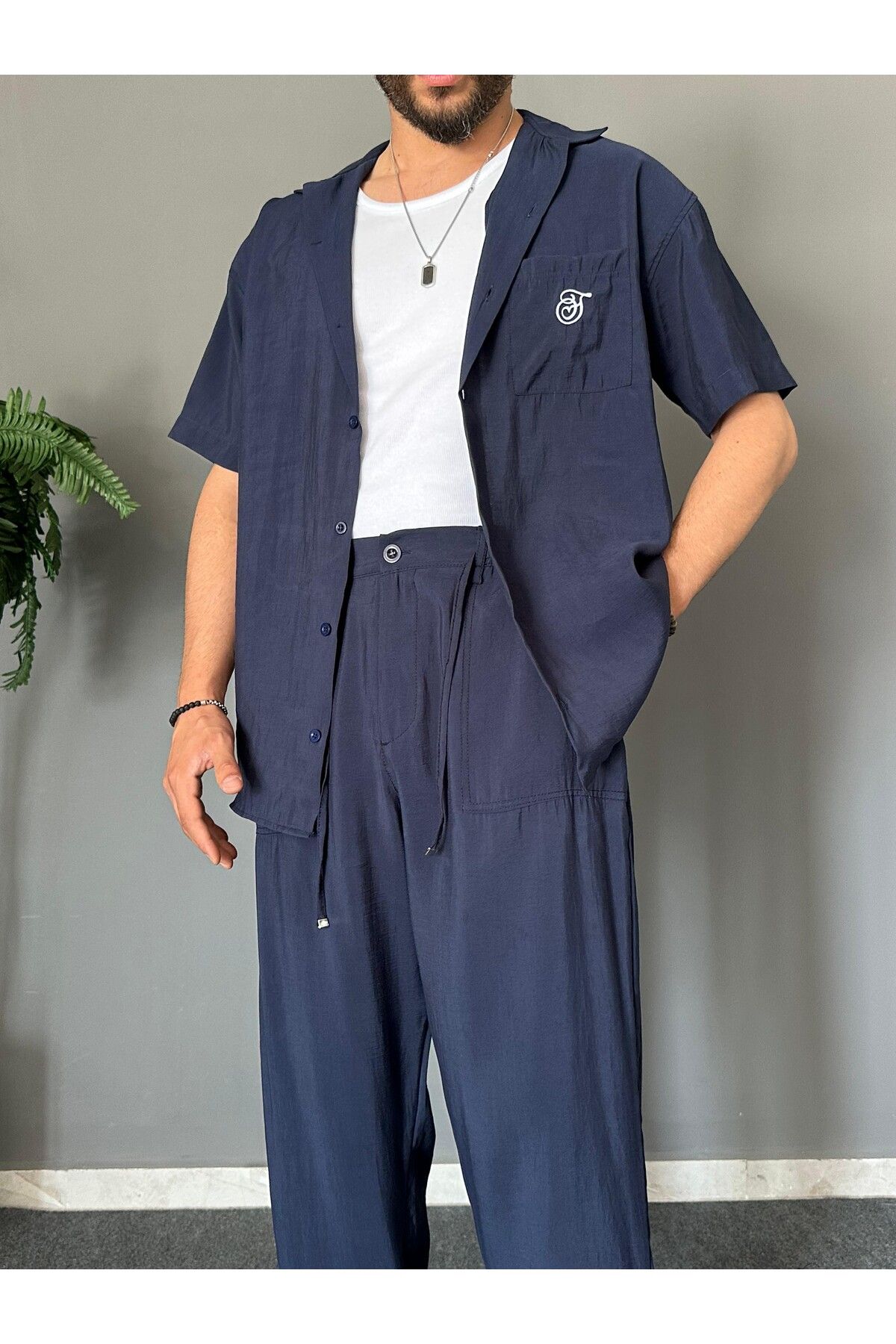 THEMANN Apaş Yakalı Nakışlı Baggy Lacivert Takım