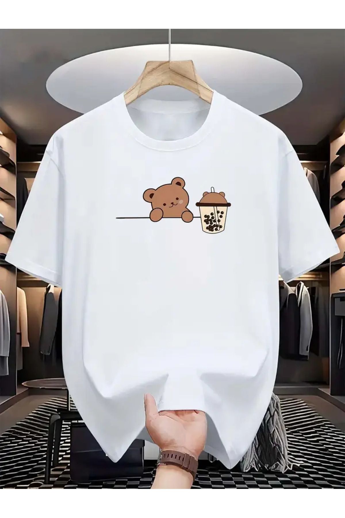 GALASHOP Erkekler için Sütlü Çay ve Ayı Baskılı Rahat Yuvarlak Yaka Tişört