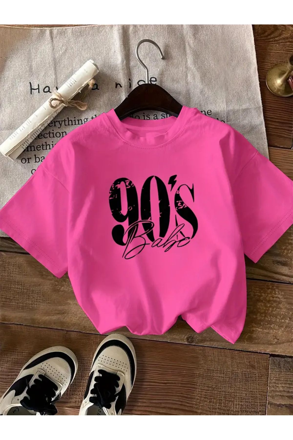 GALASHOP 90 lar Desenli Kısa Kollu Rahat Yuvarlak Yaka T-Shirt