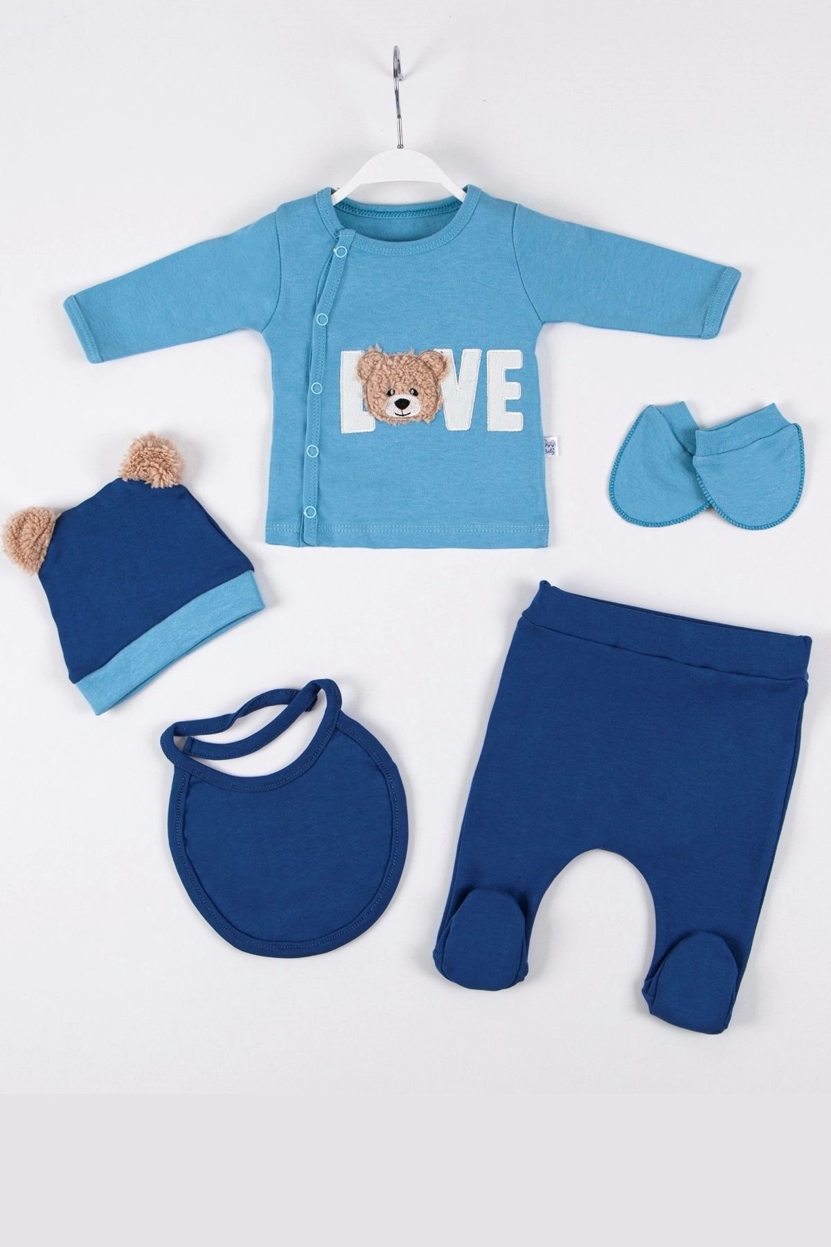 Beruflic Love Bear Nakışlı 5'li % 100 Pamuk Erkek Bebek Hastane Çıkış Seti