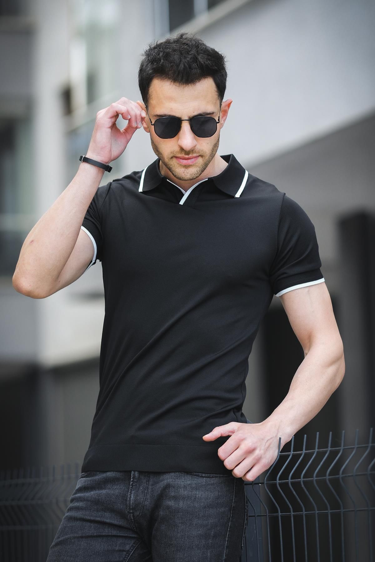 since 1990 man Mansntos Yakası ve Kolu Şeritli Likralı Slim Fit Polo Yaka Örme Erkek Triko Tshirt