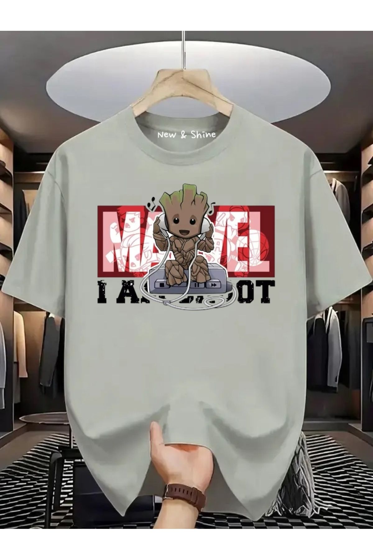 New Shine Süper Kahraman Groot Baskılı Oversize T-Shirt