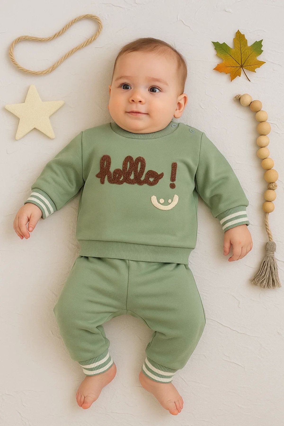 Beruflic Hello Nakışlı % 100 Pamuk 2'li Erkek Bebek Takım