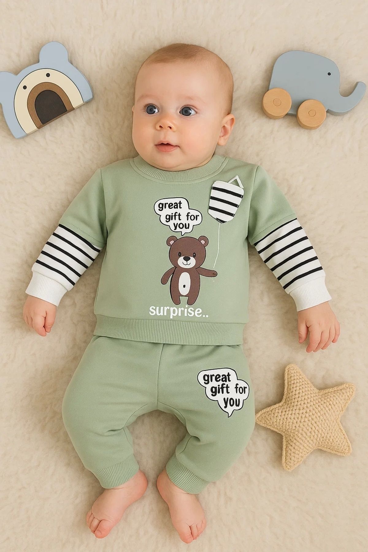 Beruflic Gift For You Desenli 2'li % 100 Pamuk Erkek Bebek Takımı