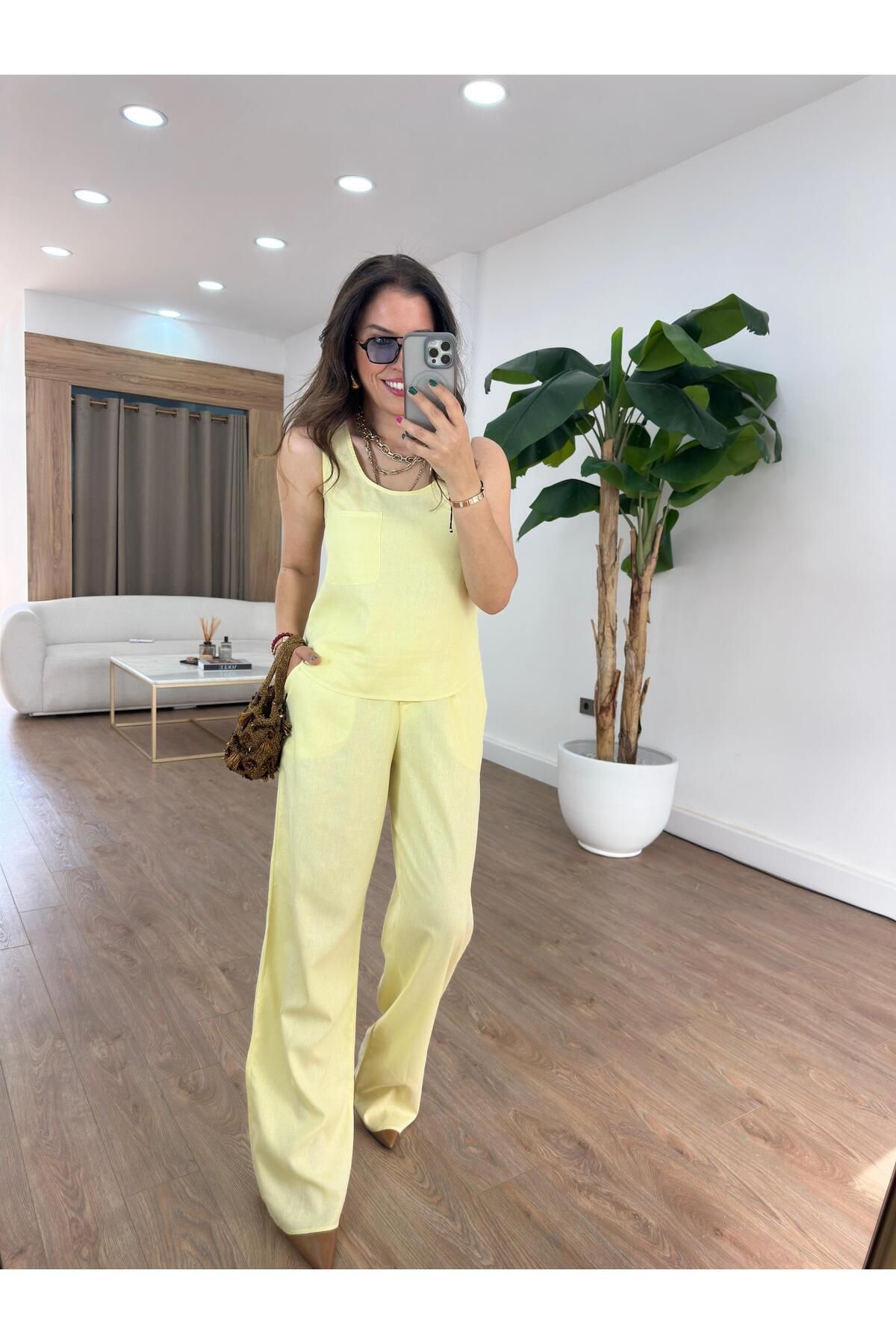 2she Kare Yaka Keten Pantolon Bluz Takım - Sarı