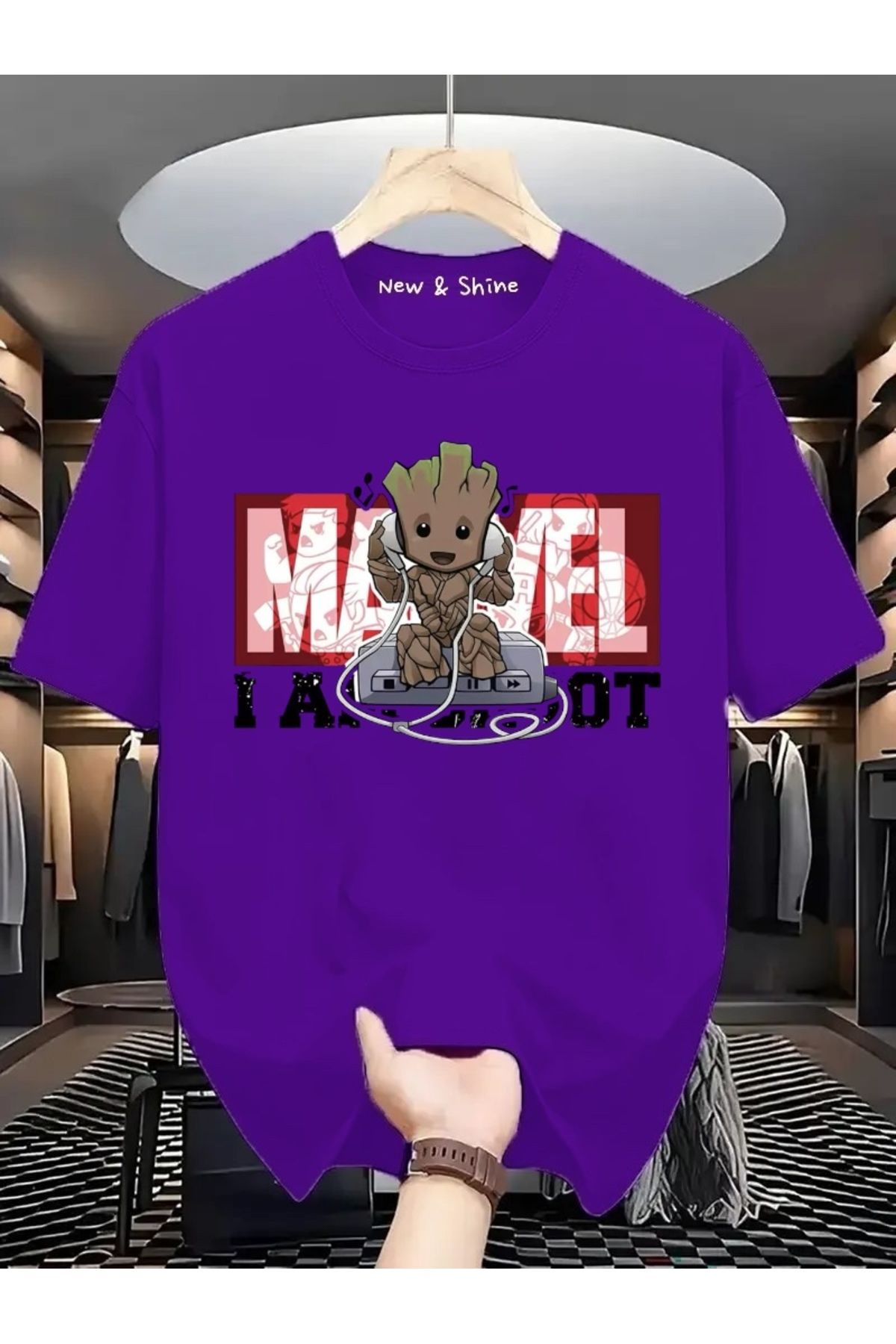 New Shine Süper Kahraman Groot Baskılı Oversize T-Shirt