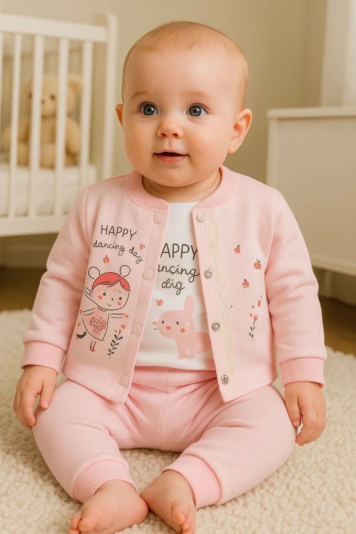 Beruflic Happy Dancing Desenli 3'lü Hırkalı Kız Bebek Takım