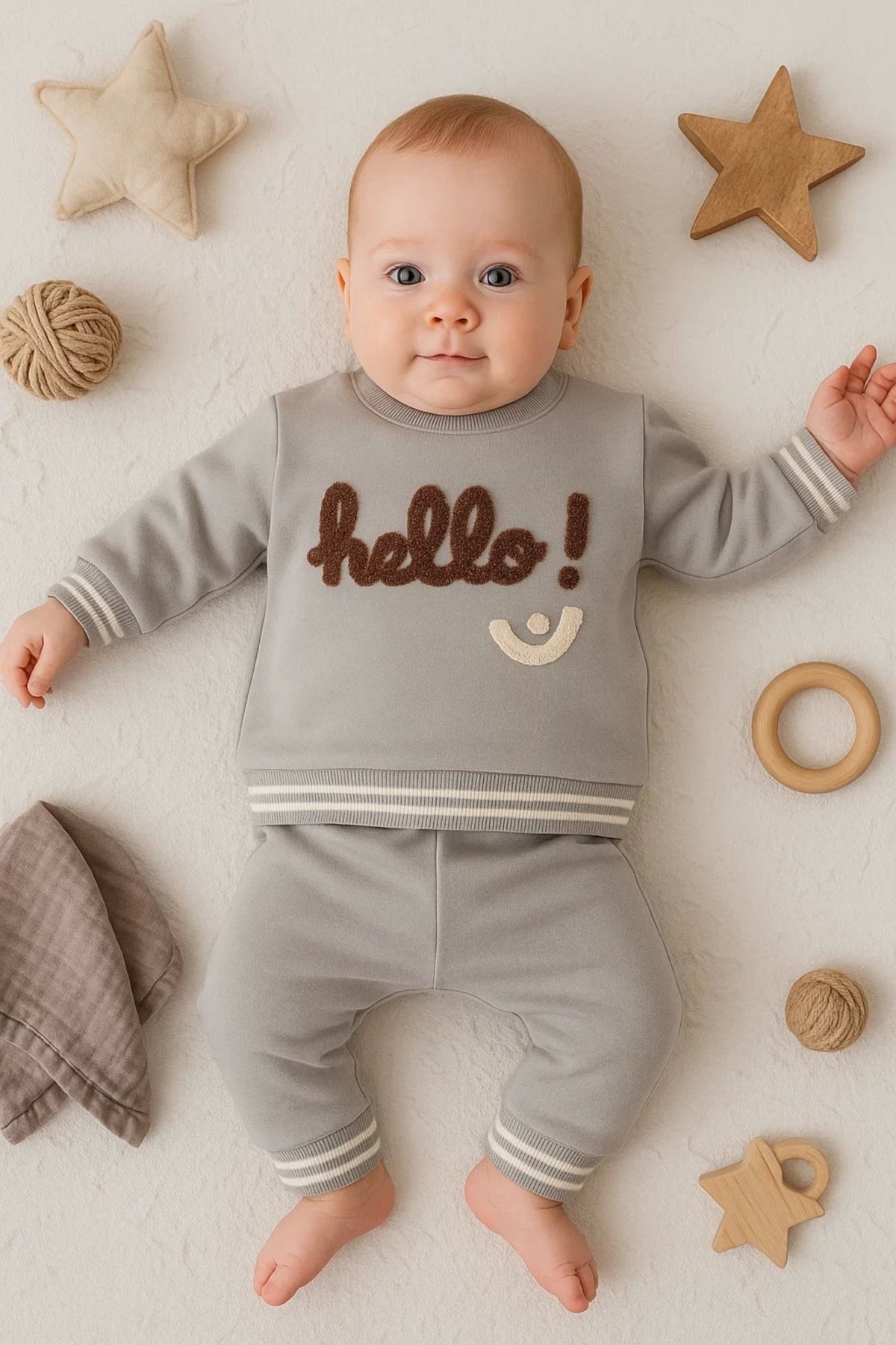 Beruflic Hello Nakışlı % 100 Pamuk 2'li Erkek Bebek Takım