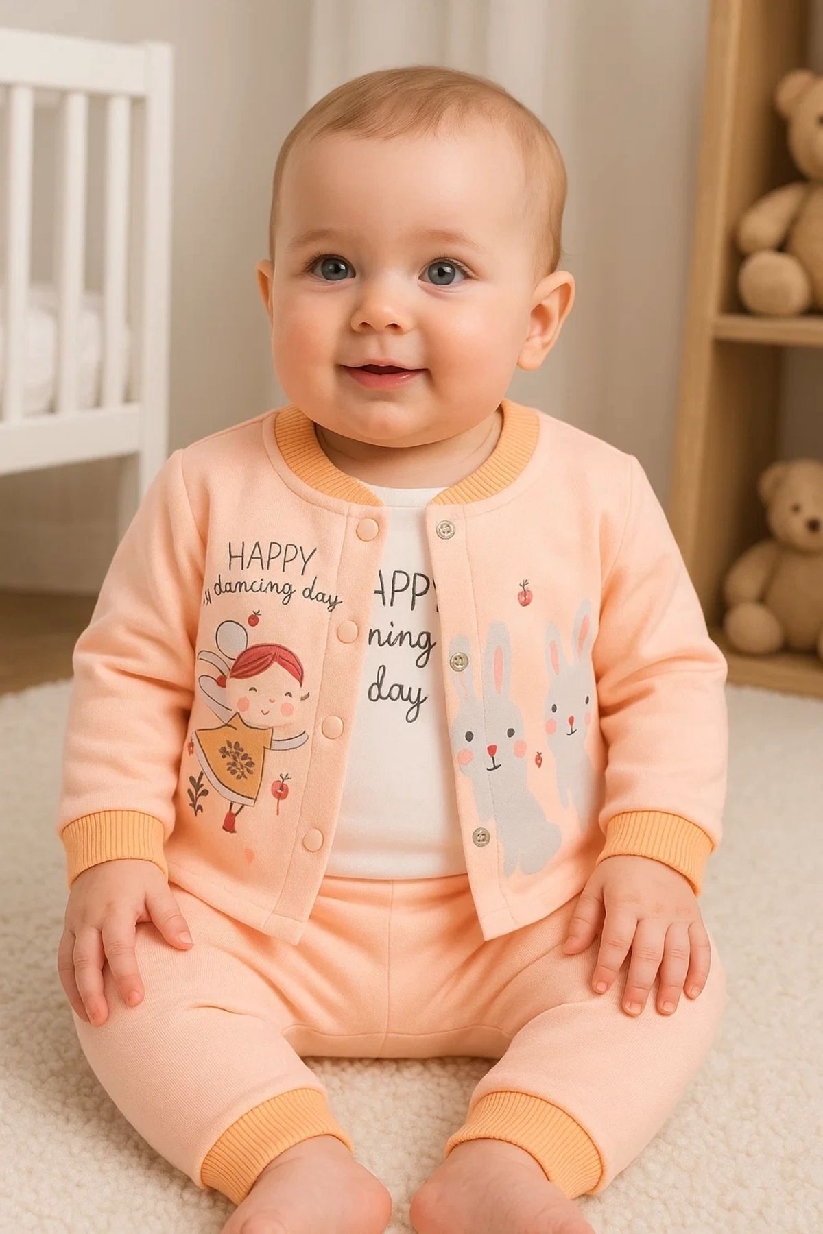Beruflic Happy Dancing Desenli 3'lü Hırkalı Kız Bebek Takım