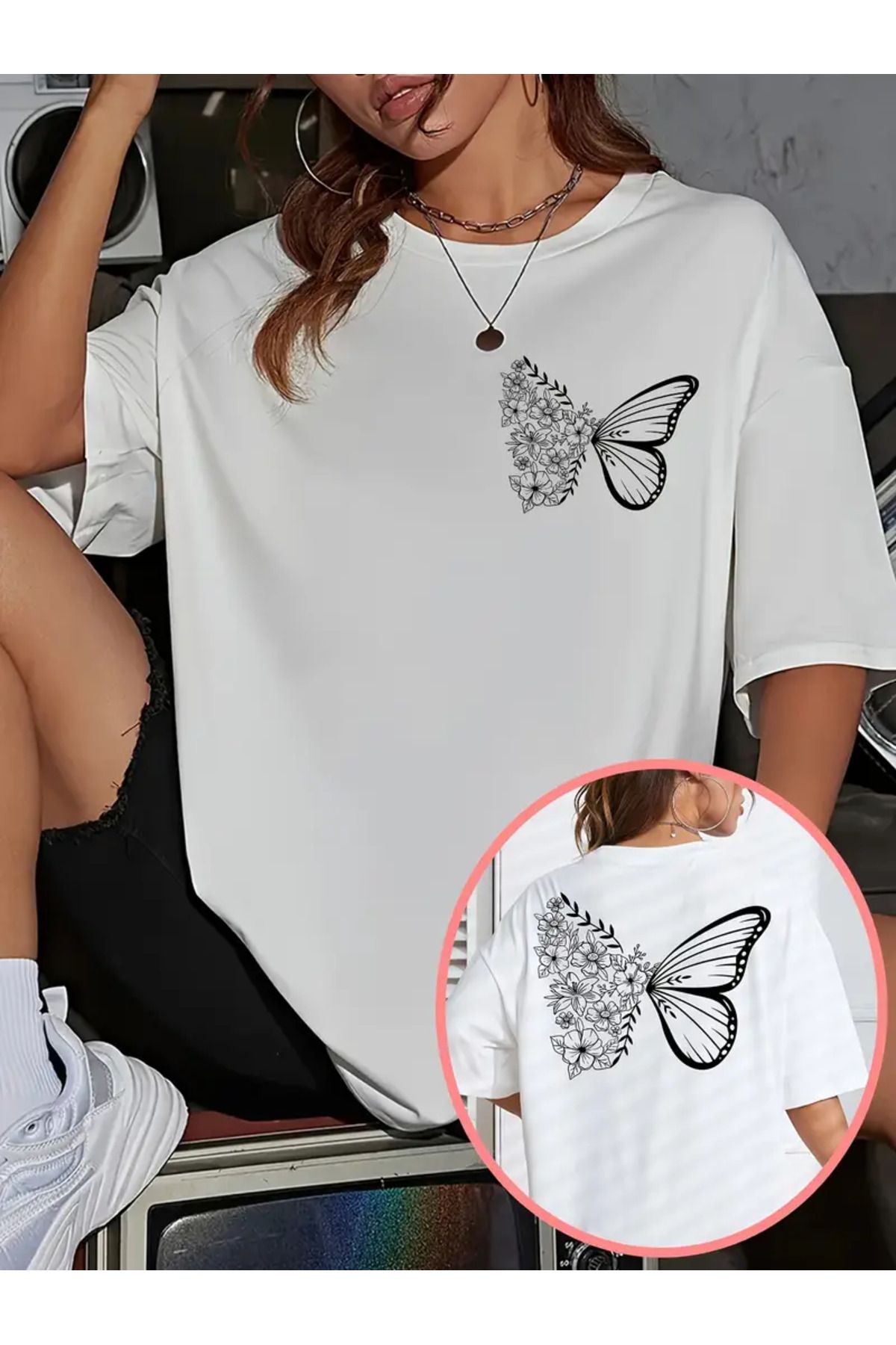 GALASHOP Kadınlar İçin Kelebek Desenli Omuz Düşük %100 Tişört