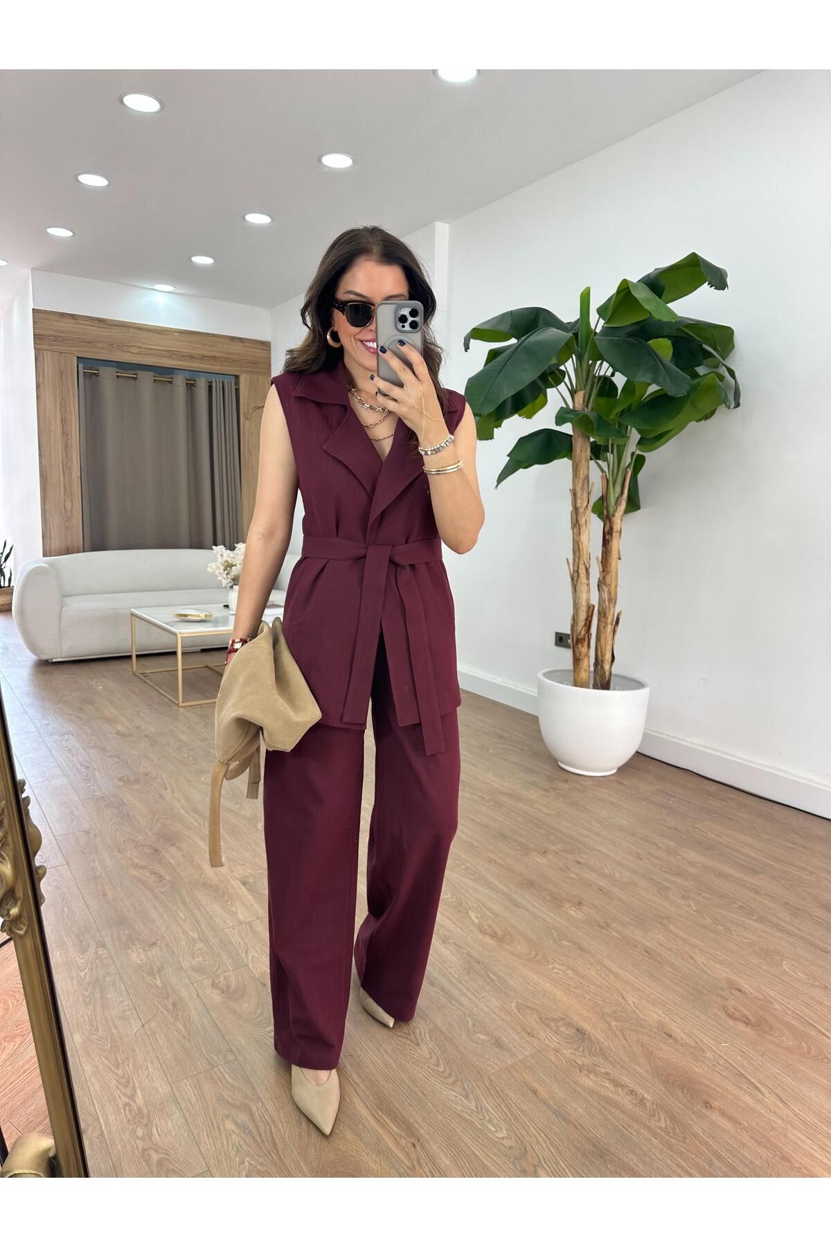 2she Keten Yelek Pantolon Takım - Bordo