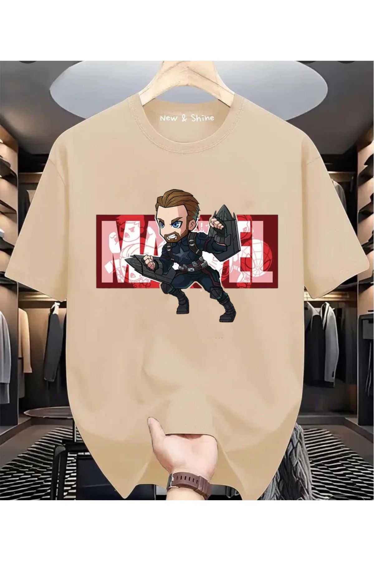 New Shine Süper Kahraman Kaptan Amerika Baskılı Oversize T-Shirt
