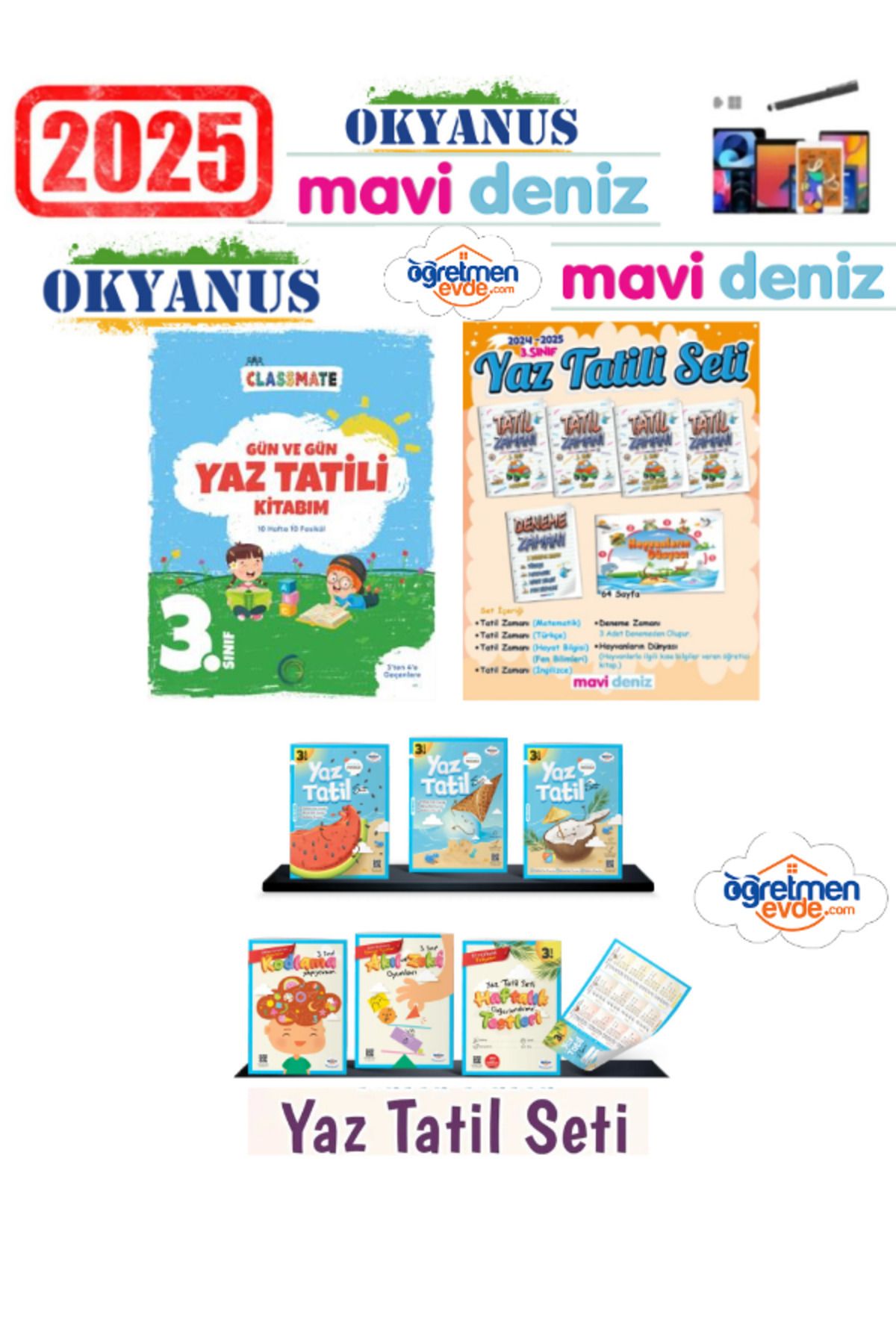 Ens Yayıncılık Okyanus 2025 3.Sınıf Yaz Tatil+Mavi Deniz 3.Sınıf +Öğretmen Evde 3.Sınıf Yaz Tatil Seti+Kalem