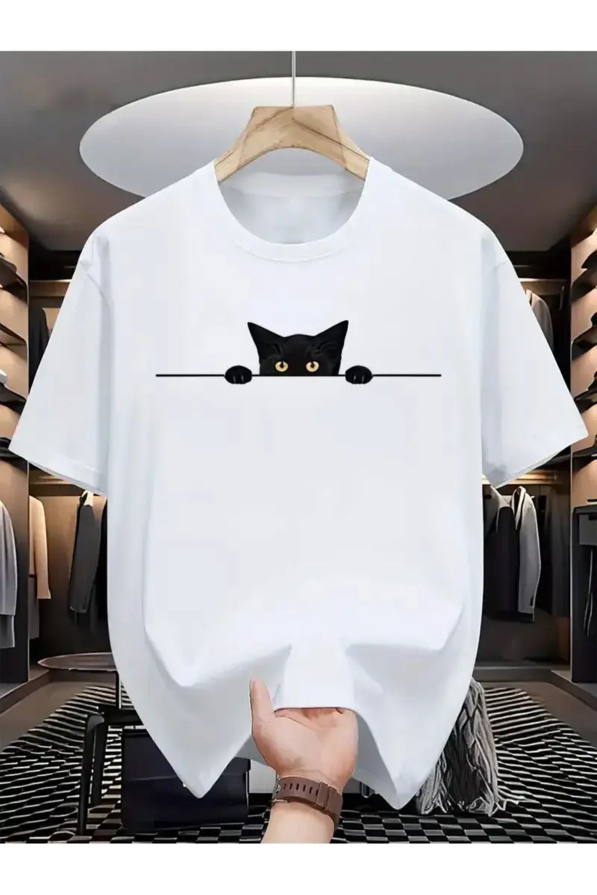GALASHOP Erkekler için %100 Pamuklu Günlük T-Shirt, Sevimli Siyah Kedi