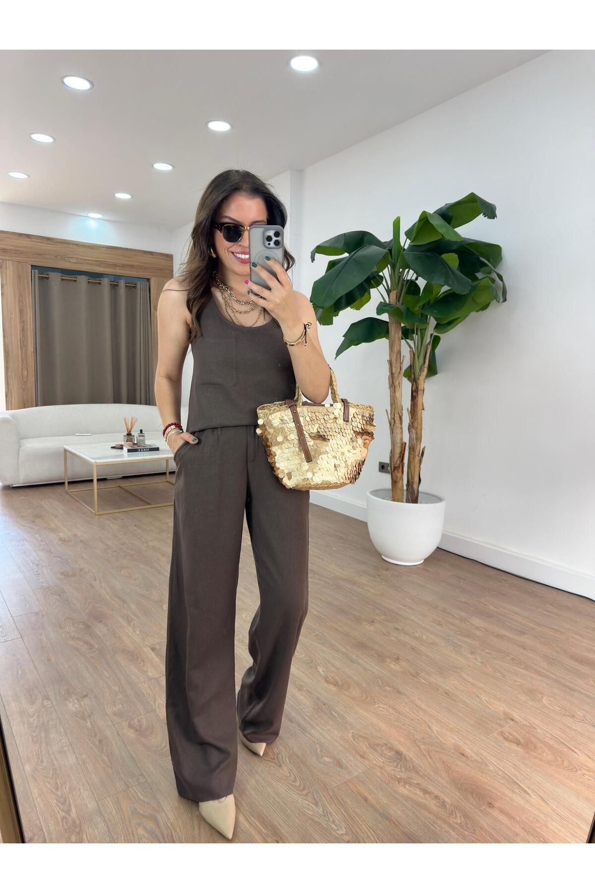 2she Kare Yaka Keten Pantolon Bluz Takım - Kahverengi