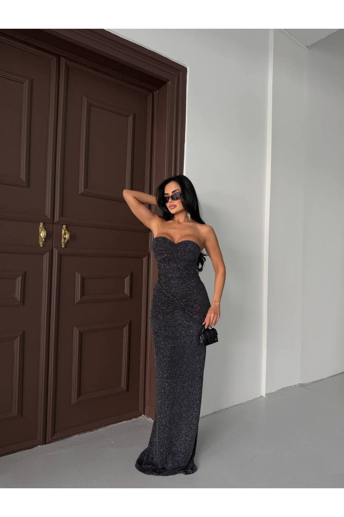 NİCE STYLE KADIN STRAPLEZ YAKA FUL LİKRALI KALEM ELBİSE