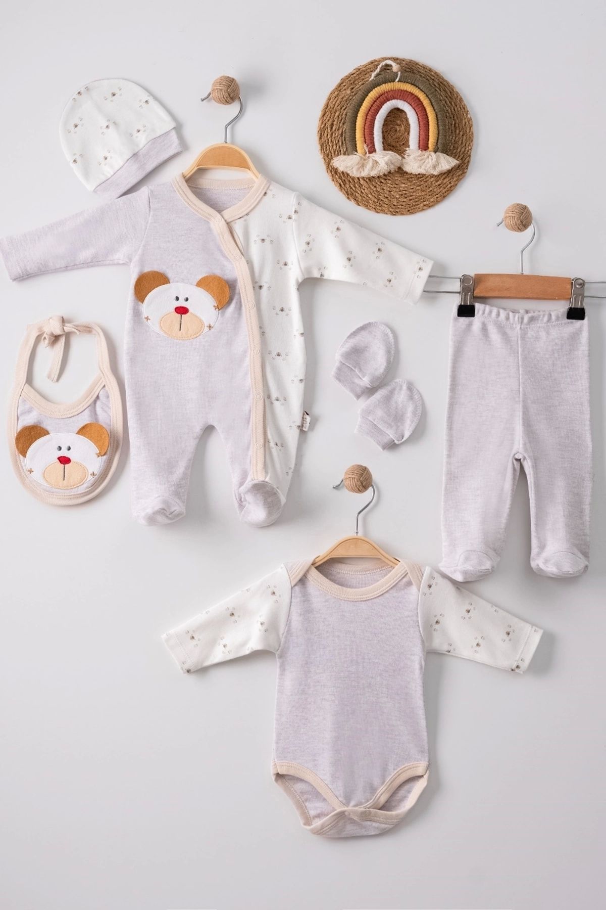 Beruflic Ayıcık Detaylı Nakışlı Tulumlu % 100 Pamuk Erkek Bebek 5'li Set