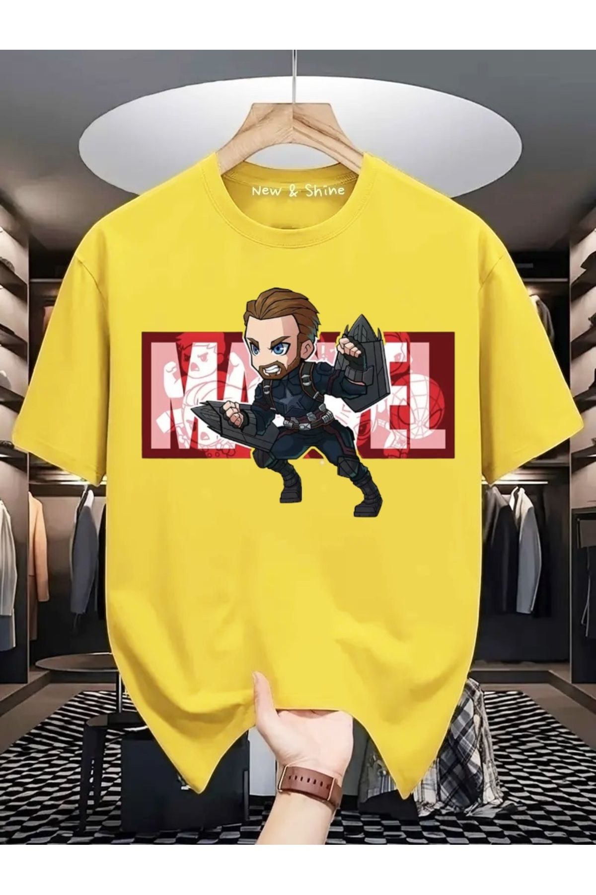 New Shine Süper Kahraman Kaptan Amerika Baskılı Oversize T-Shirt