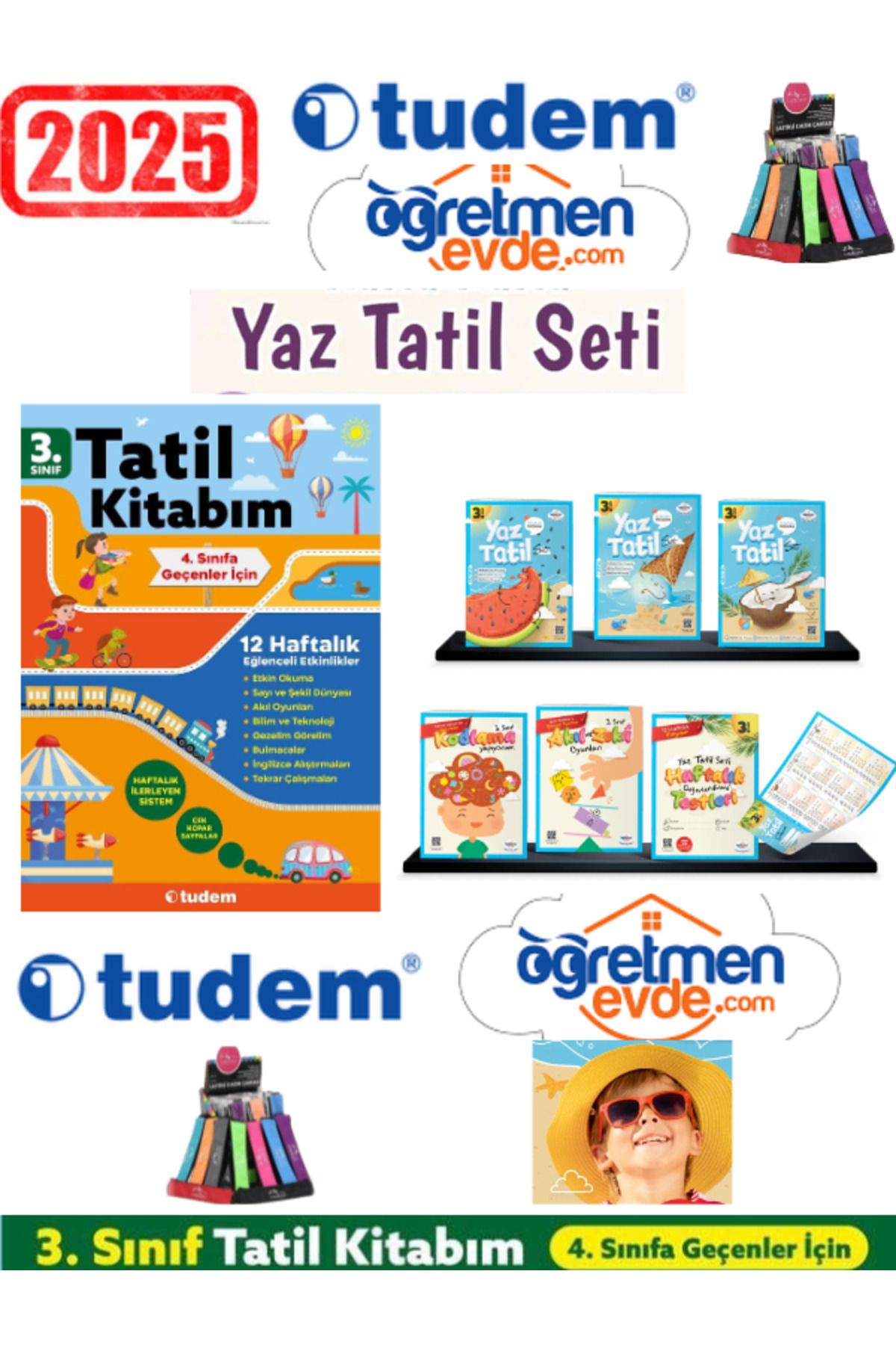 Ens Yayıncılık Tudem 2025 3.Sınıf 12 Haf. Tatil Kitabı+Öğretmen Evde 3.Sınıf Yaz Tatil Kitabı Seti(Yeni)+Kalemlik