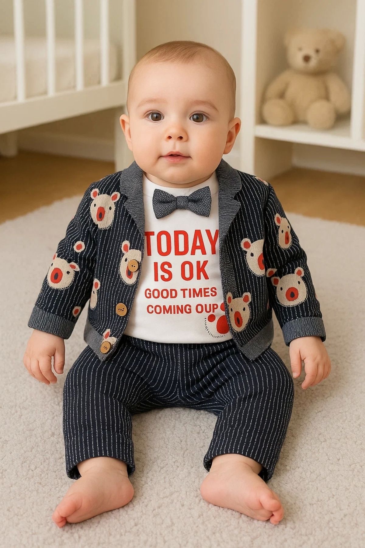 Beruflic Papyonlu Bear Çizgili Model Ceketli 3'lü Erkek Bebek Takımı