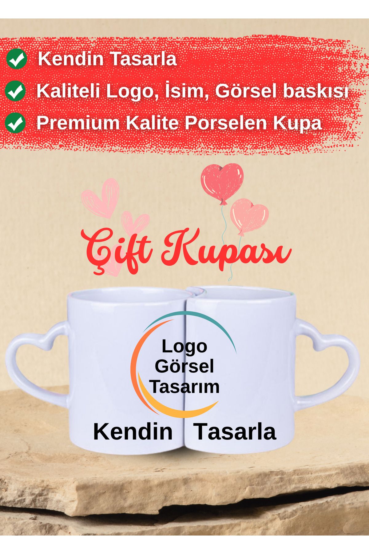 DEKOR HANEM Kendin Tasarla Premium Sevgili Çift Kupa Bardak - 2'li Kupa