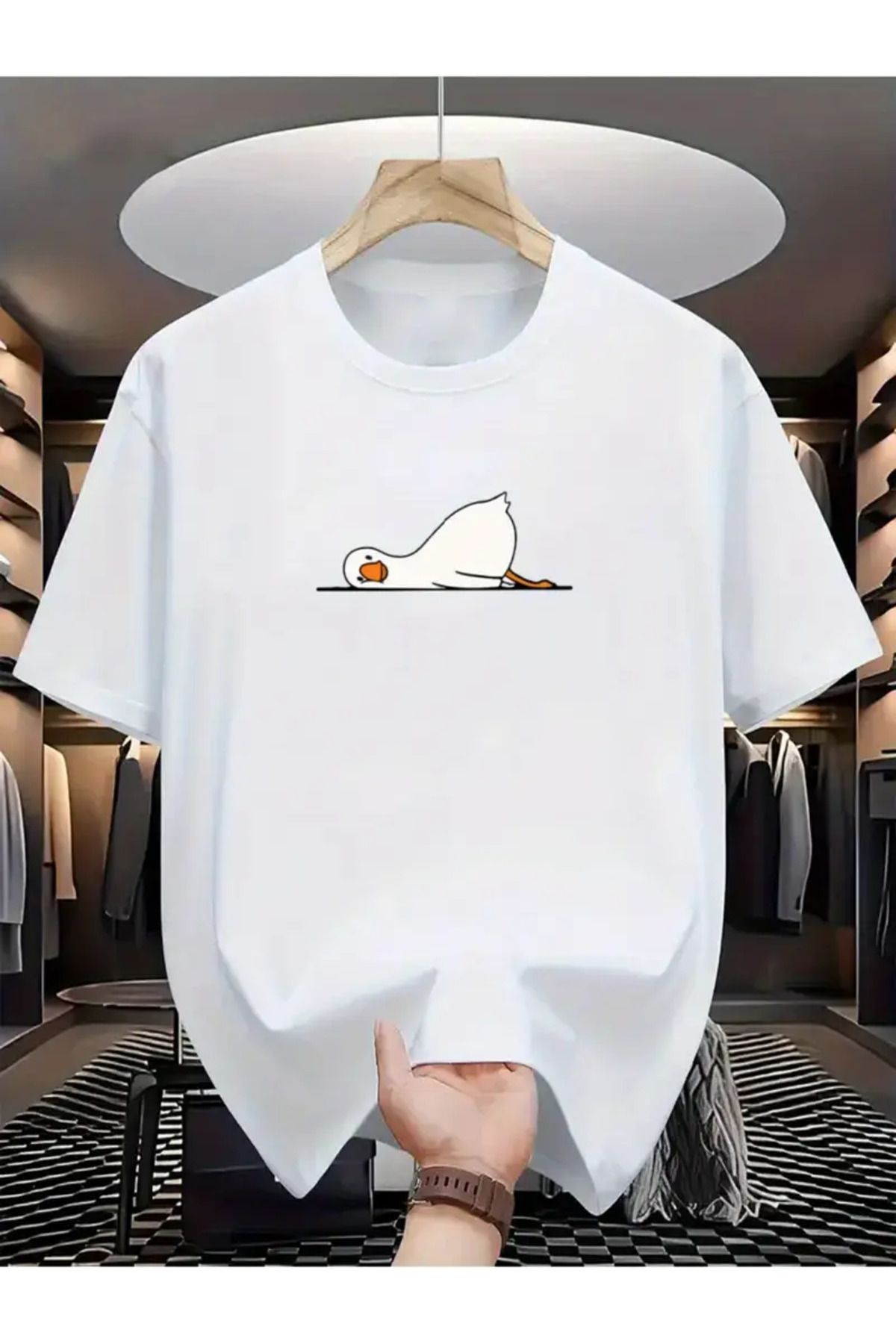 GALASHOP Erkekler için Günlük Pamuklu T-Shirt, Karikatür Ördek Baskılı