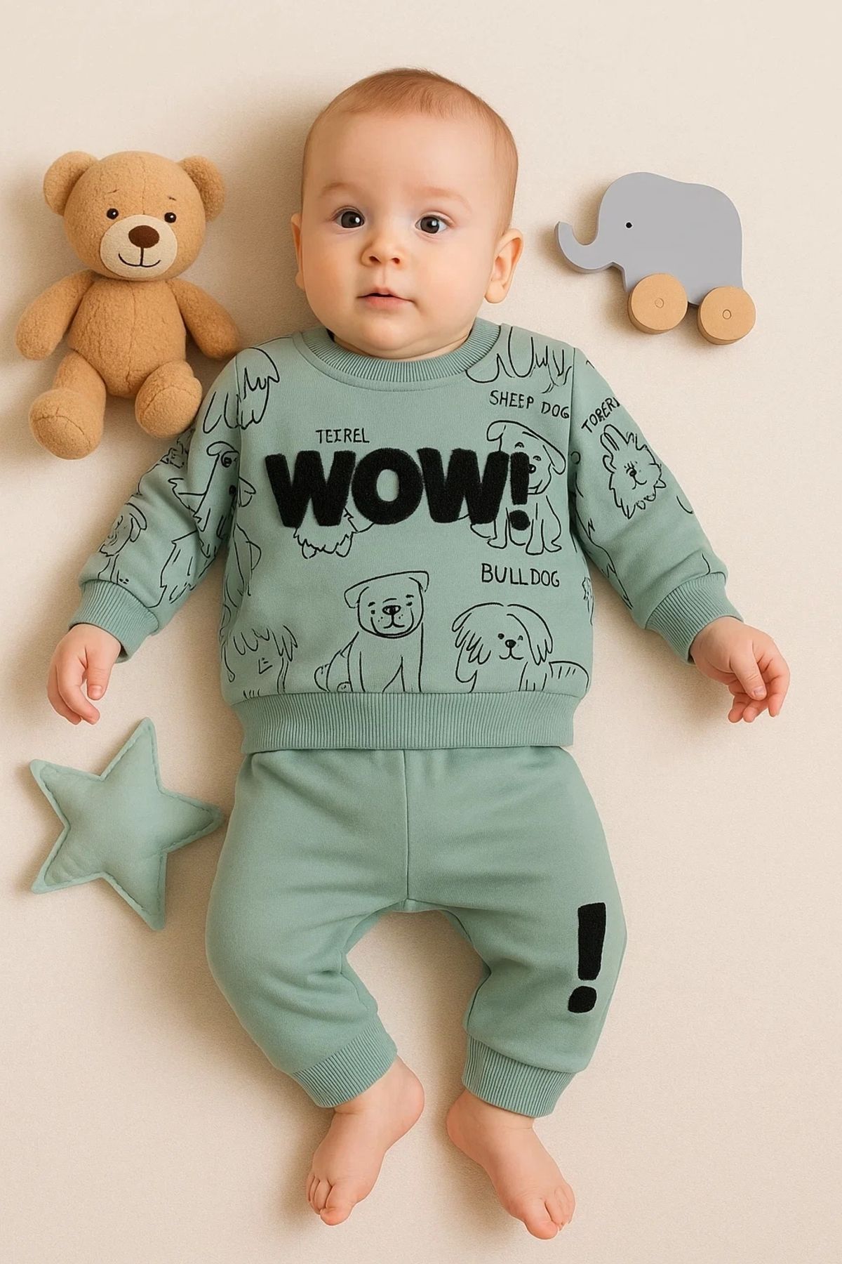 Beruflic Wow Nakışlı Pamuklu 2'li Erkek Bebek Takımı