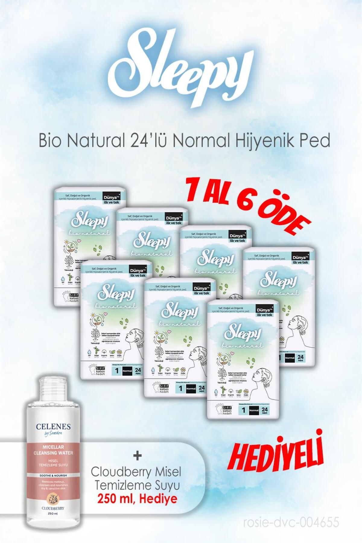 Sleepy 7 AL 6 ÖDE Sleepy Bio Natural 24'lü Hijyenik Ped Normal ve 250 ML Temizleme Suyu