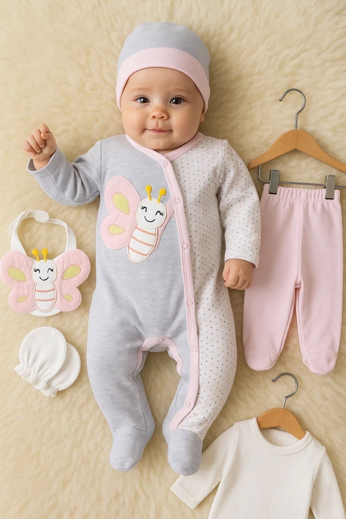 Beruflic Kelebek Nakışlı Tulumlu % 100 Pamuk Kız Bebek 5'li Set