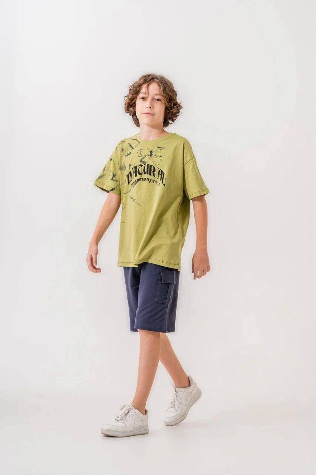 Linoş Kids Erkek Çocuk Yazlık Takım Desenli Kargo Cepli Şortlu Tişört Takım Erkek Garson Boy Yazlık İkili Takım