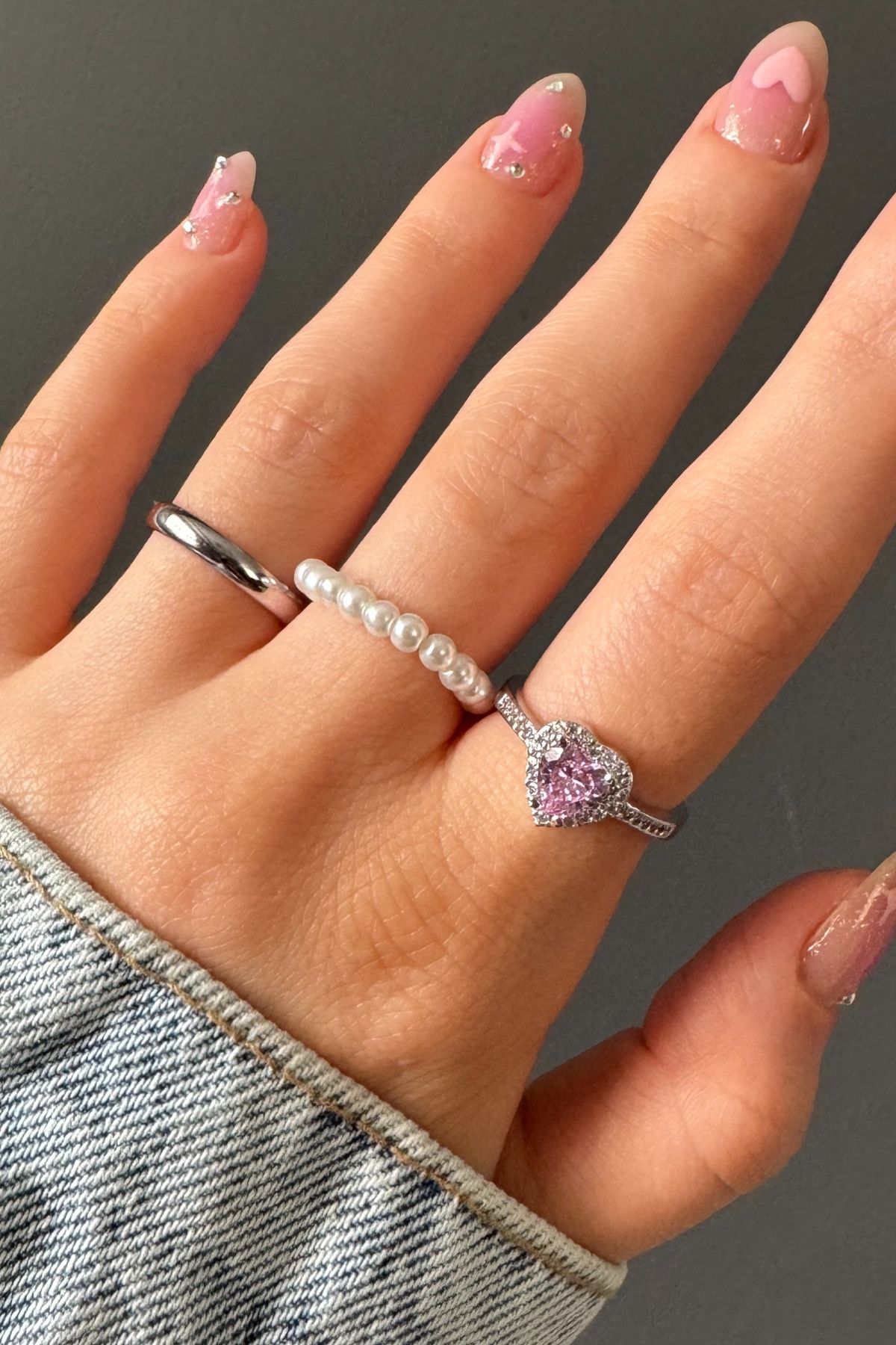 H&E DESIGN Kadın 3'lü Pembe Kalp Taşlı Ayarlanabilir Yüzük Seti