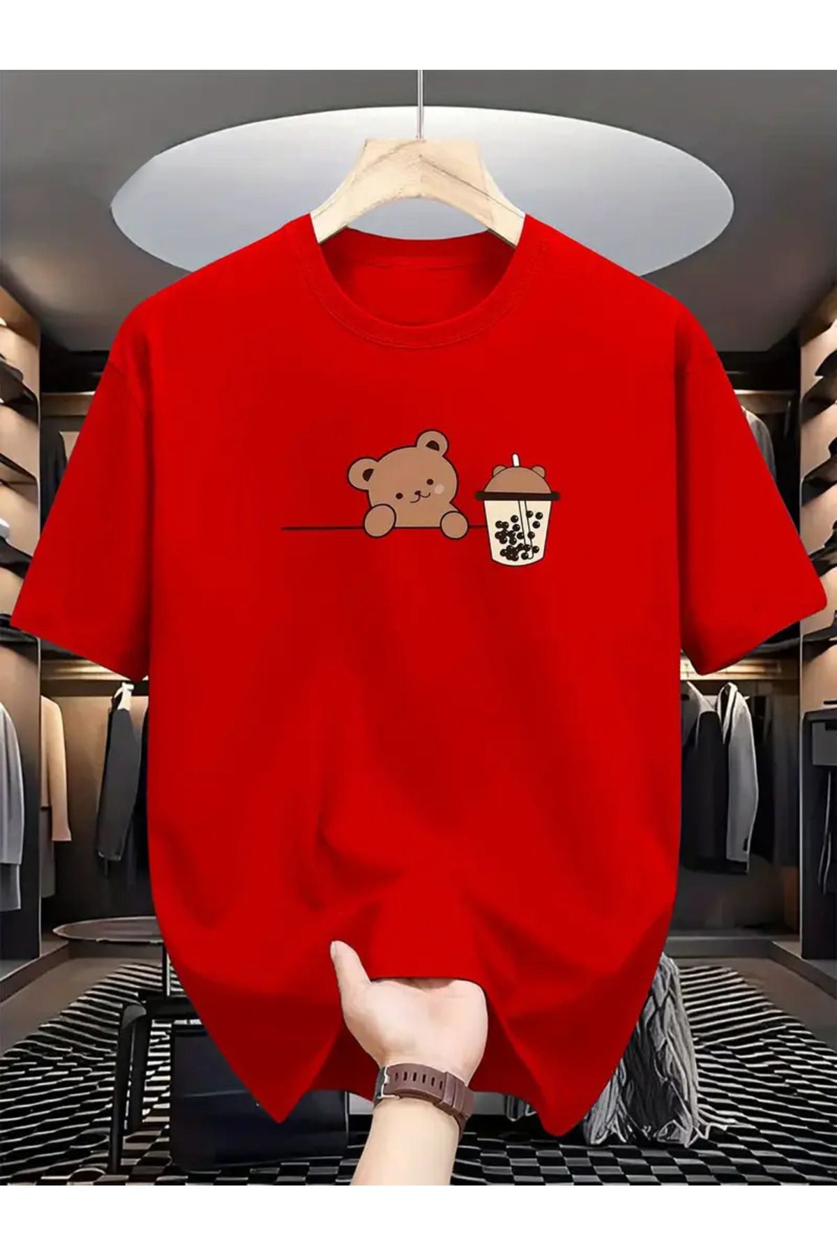 GALASHOP Erkekler için Sütlü Çay ve Ayı Baskılı Rahat Yuvarlak Yaka Tişört