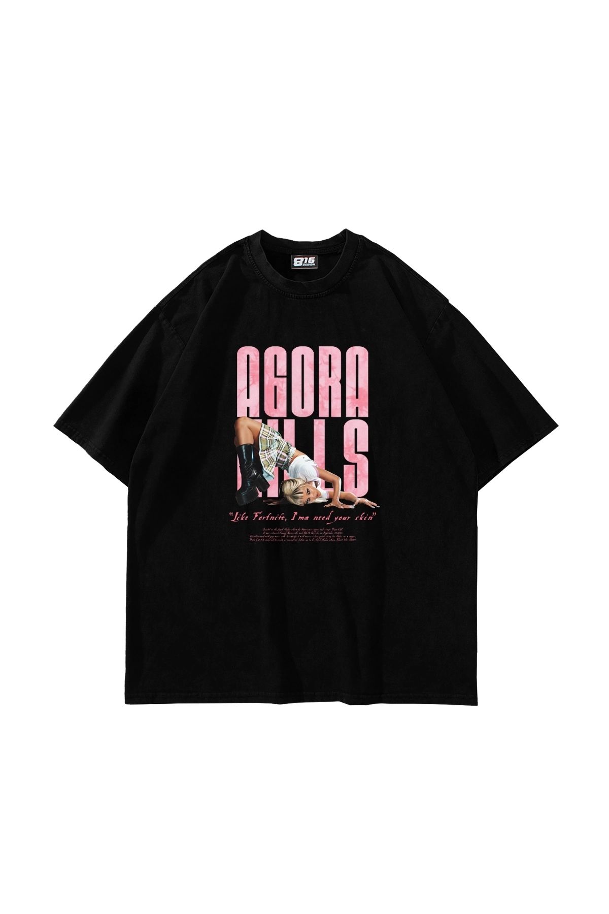 Sekizbiraltı Agora Hills Baskılı Oversize Unisex Siyah Tshirt
