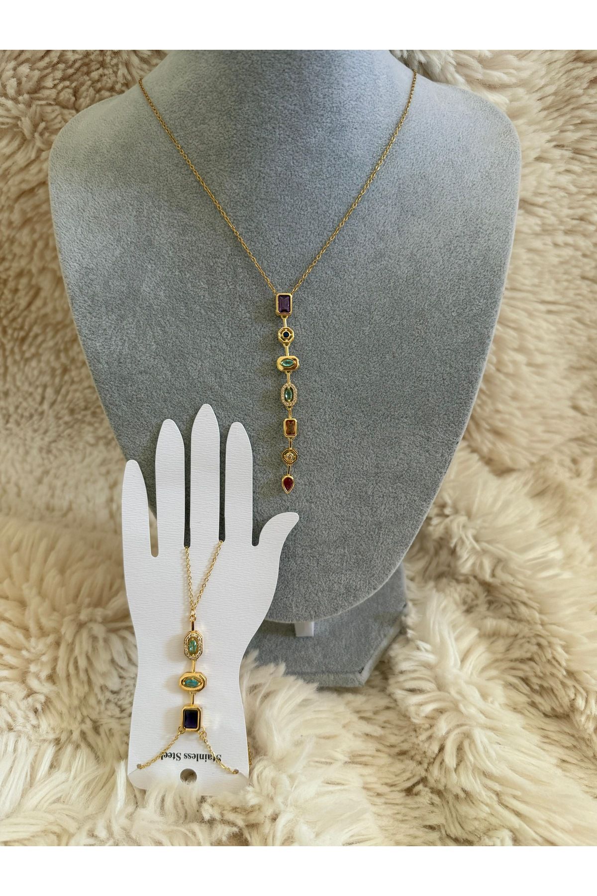 ANGELSS JEWELLERY Y Kolye Renkli Zirkon Taşlı Gold Y Kolye ve Şahmeran Bileklik Set Y Kolye Ve Şahmeran Bileklik