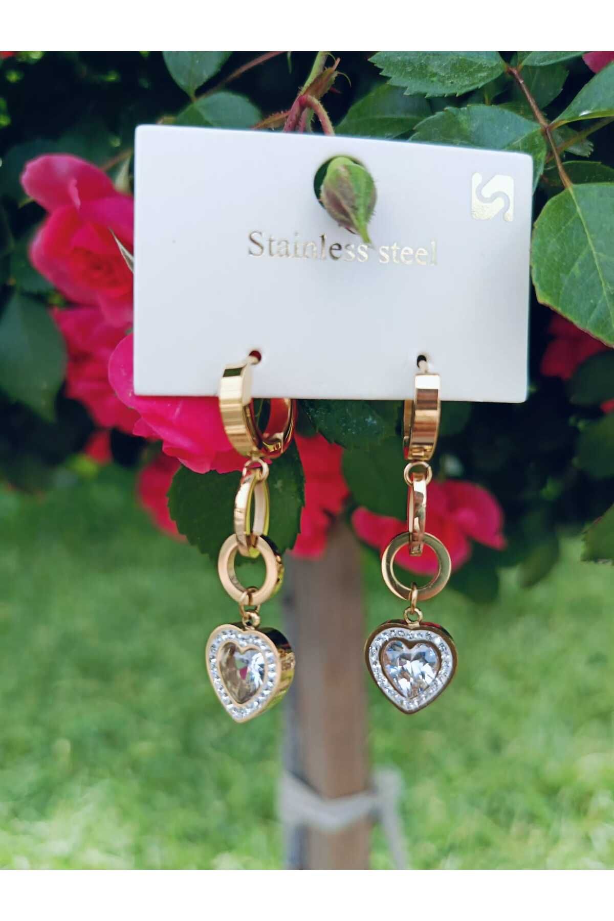 GLOW LUXE 316L Kadın Zirkon Taşlı Sallantılı Kalp Figürlü Klipsli Çelik Küpe
