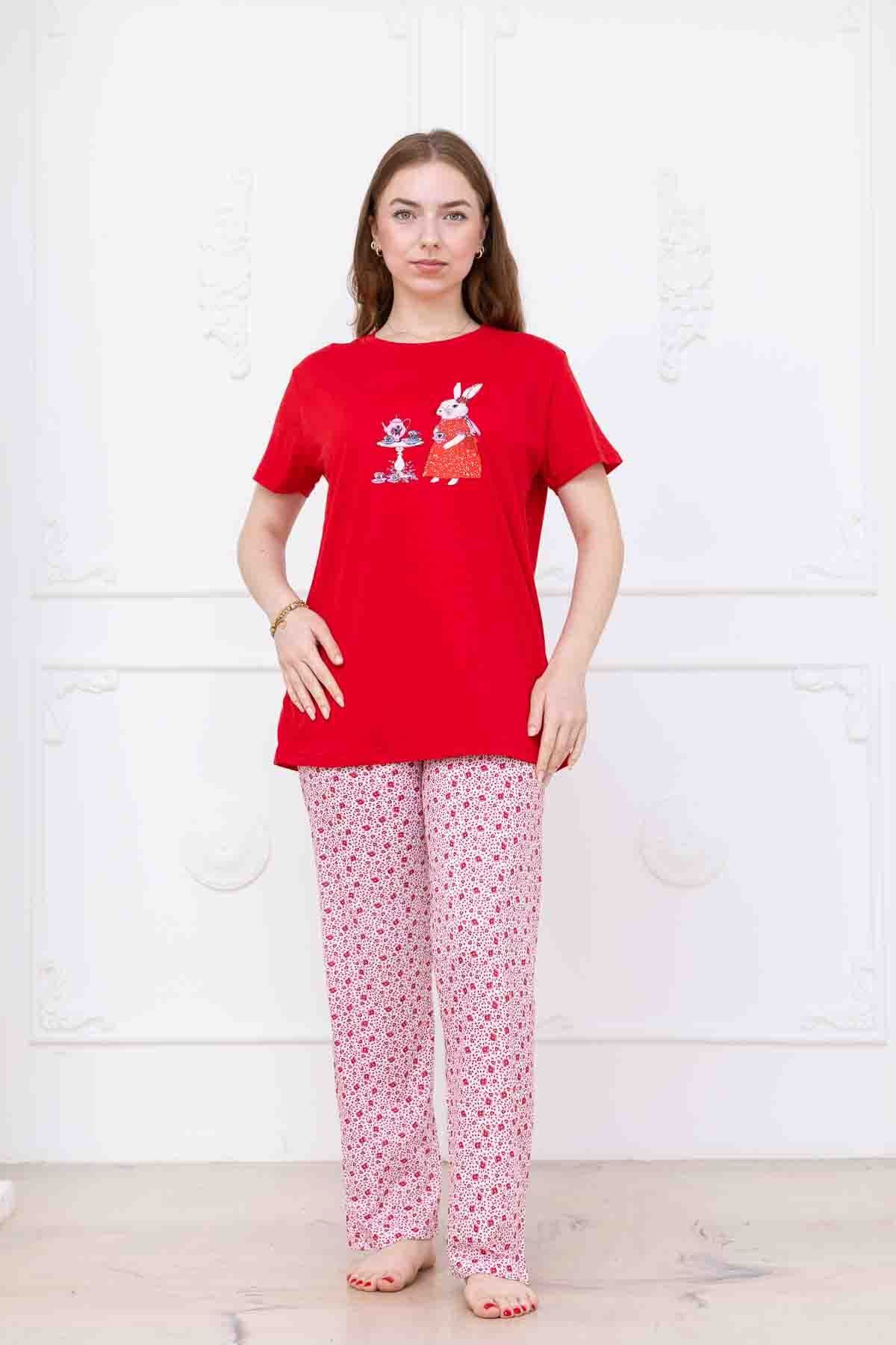 MyRia Kadın Tavşan Desenli Pijama Takımı Kırmızı