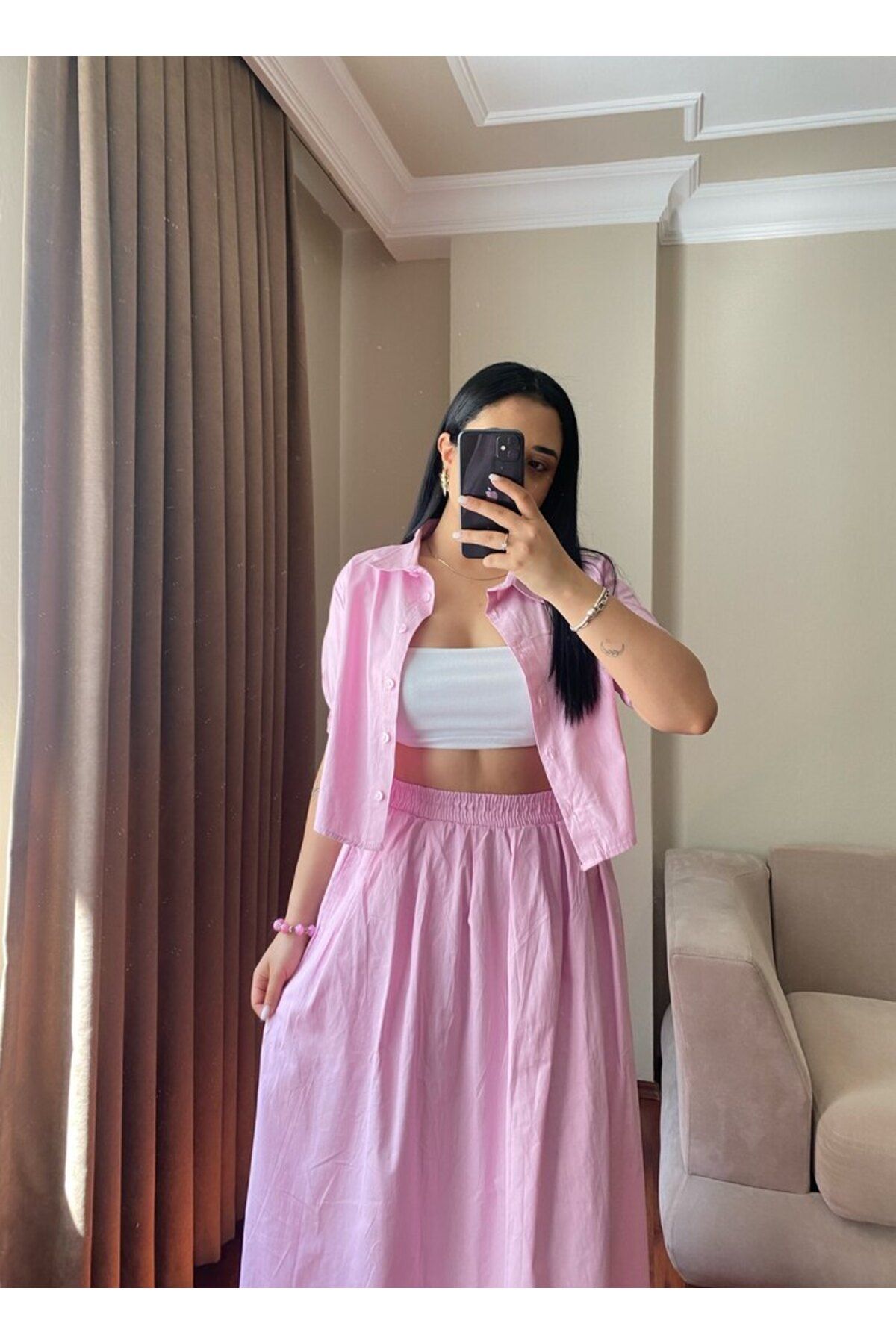 MODA Kadın Gömlek Uzun Etek Pembe İkili Takım