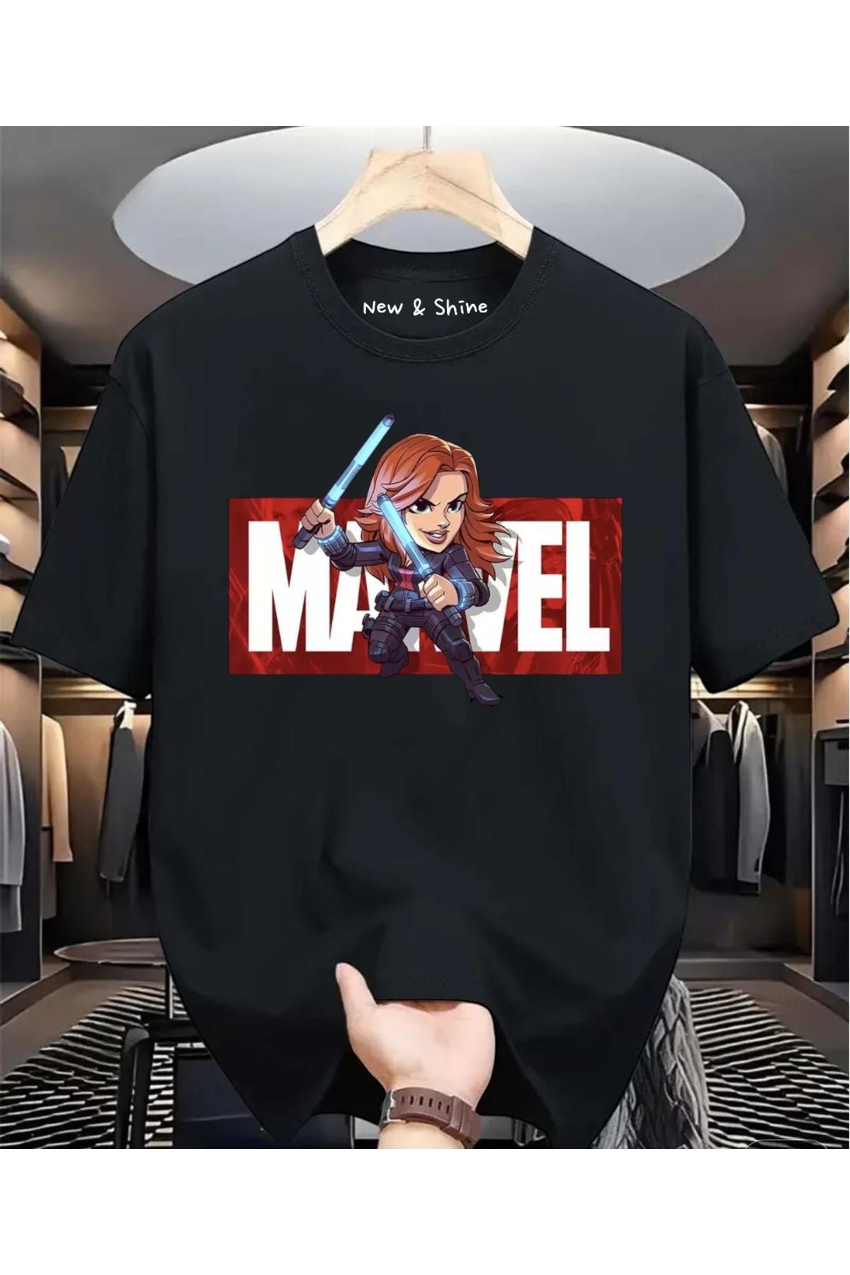 New Shine Süper Kahraman Black Widow Baskılı Oversize T-Shirt