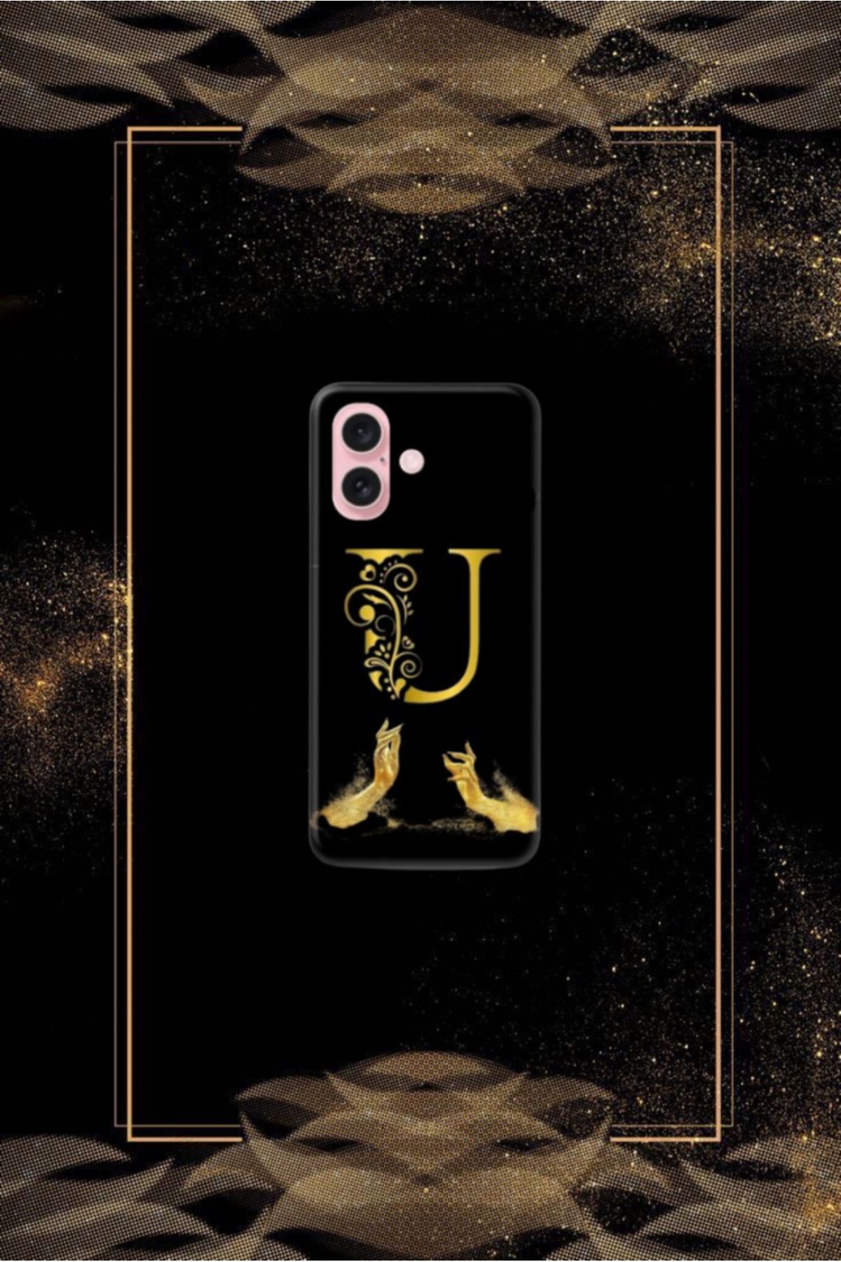 cover shopp Siyah Desenli Gold U Harfi IP 16