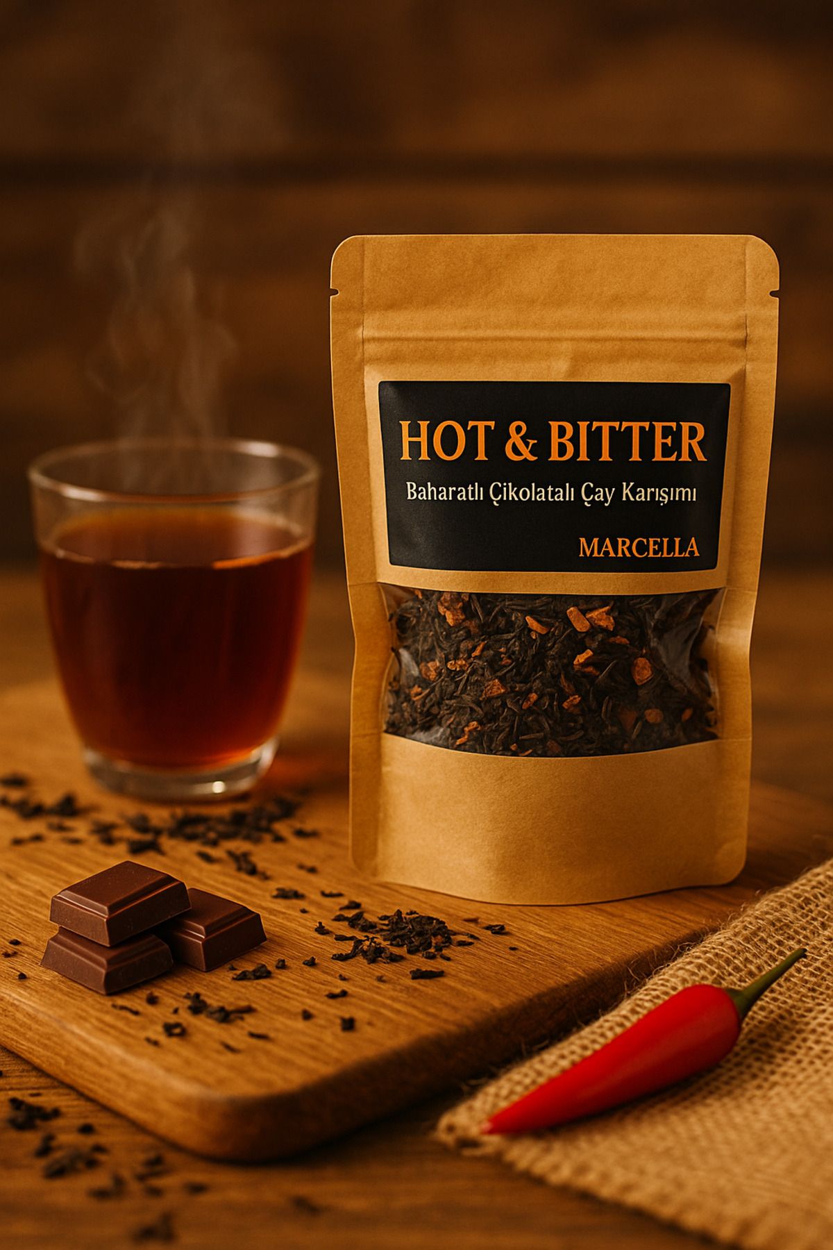 Marcella Goods Hot & Bitter Siyah Çay – Çikolata ve Acı Biberli Karışım | 150g
