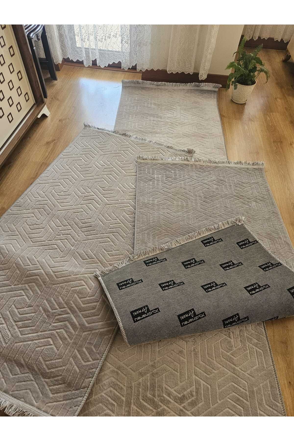 AKSU DİNARSU armoni saçaklı modern yıkanabilir embos 3lü yatak odası takımı kaymaz taban(80X250)(80X150)