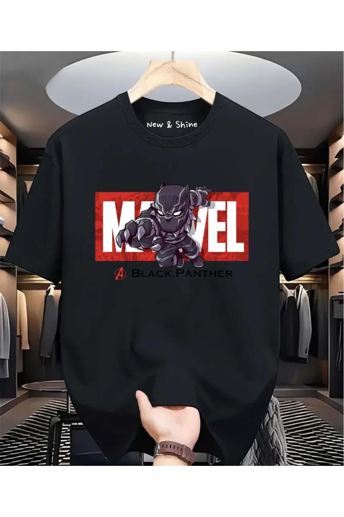New Shine Süper Kahraman Black Panter Baskılı Oversize T-Shirt